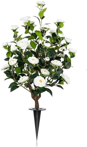 Romantic Season 2Pack 36" Artificial Camellia Tree with Ground Spike - White Faux UV Resistant Blooming Bush, Lifelike Camellia Flowers for Indoor Outdoor Decor, Perfect for Wedding
