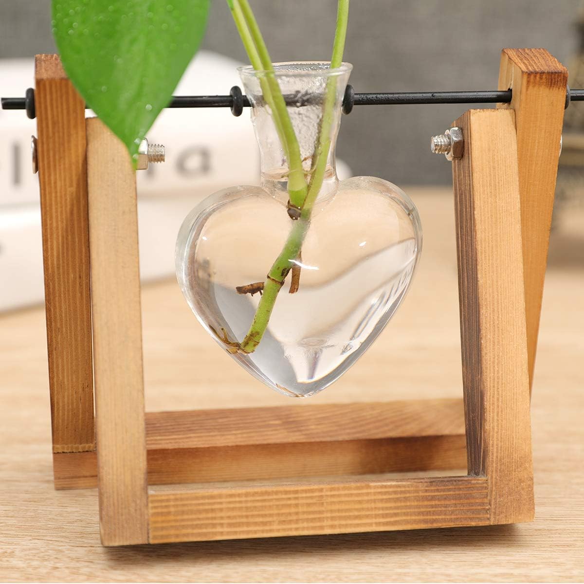 Kingbuy Terrarium with Wooden Stand, Desktop Propagation Station, Air Plant Holder, Metal Swivel Holder for Hydroponics, Home Garden, Wedding Decor - 1 Hearted Vase
