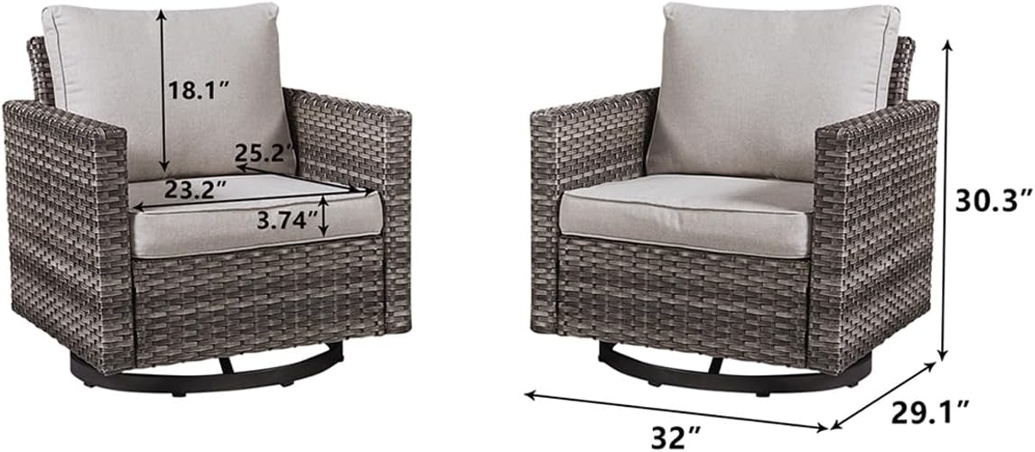 HUMMUH Patio Swivel Chairs Set of 2,PE Wicker Outdoor Rocker Chairs Bistro Set Porch Balcony Furniture with Cushions