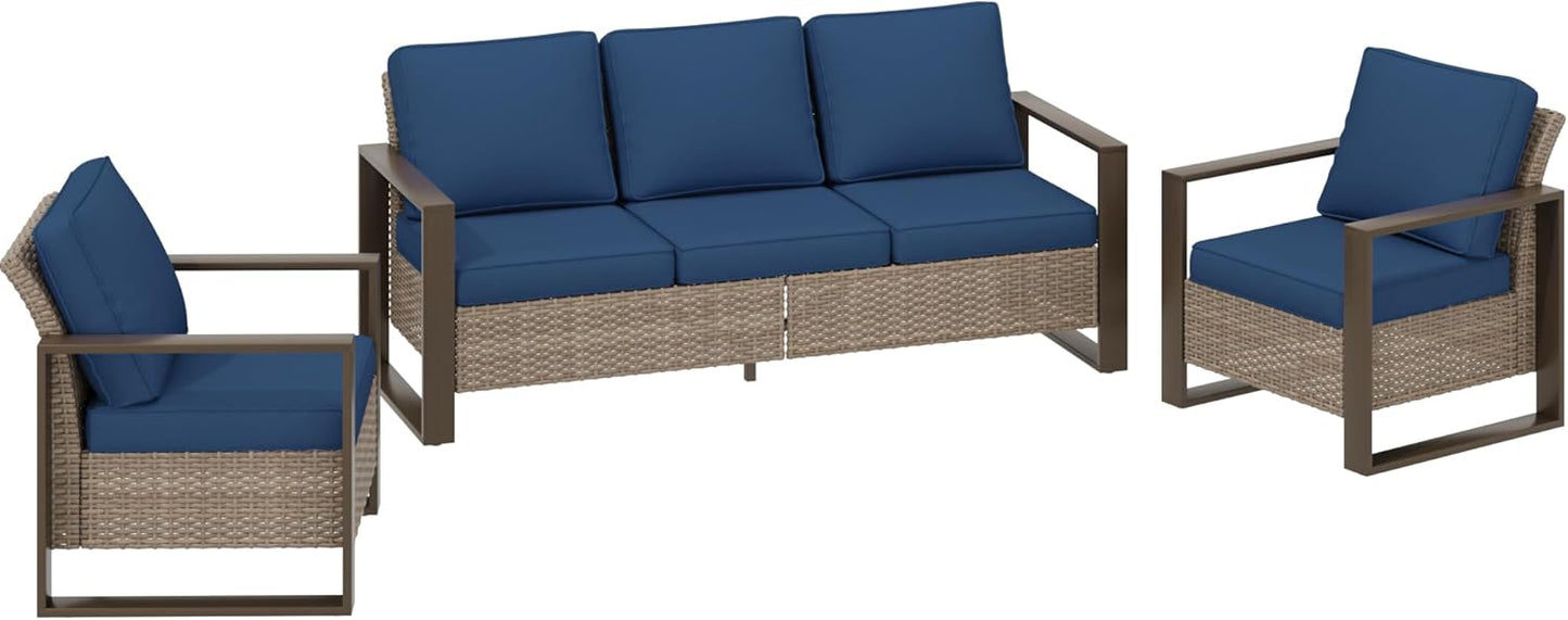 Wicker Patio 75" Sofa Set with Two Armchairs, All Weather Rattan Outdoor Conversation Furniture Set with Wood-Looking Metal Armrest & Removable Cushions for Deck Backyard Porch, Dark Blue
