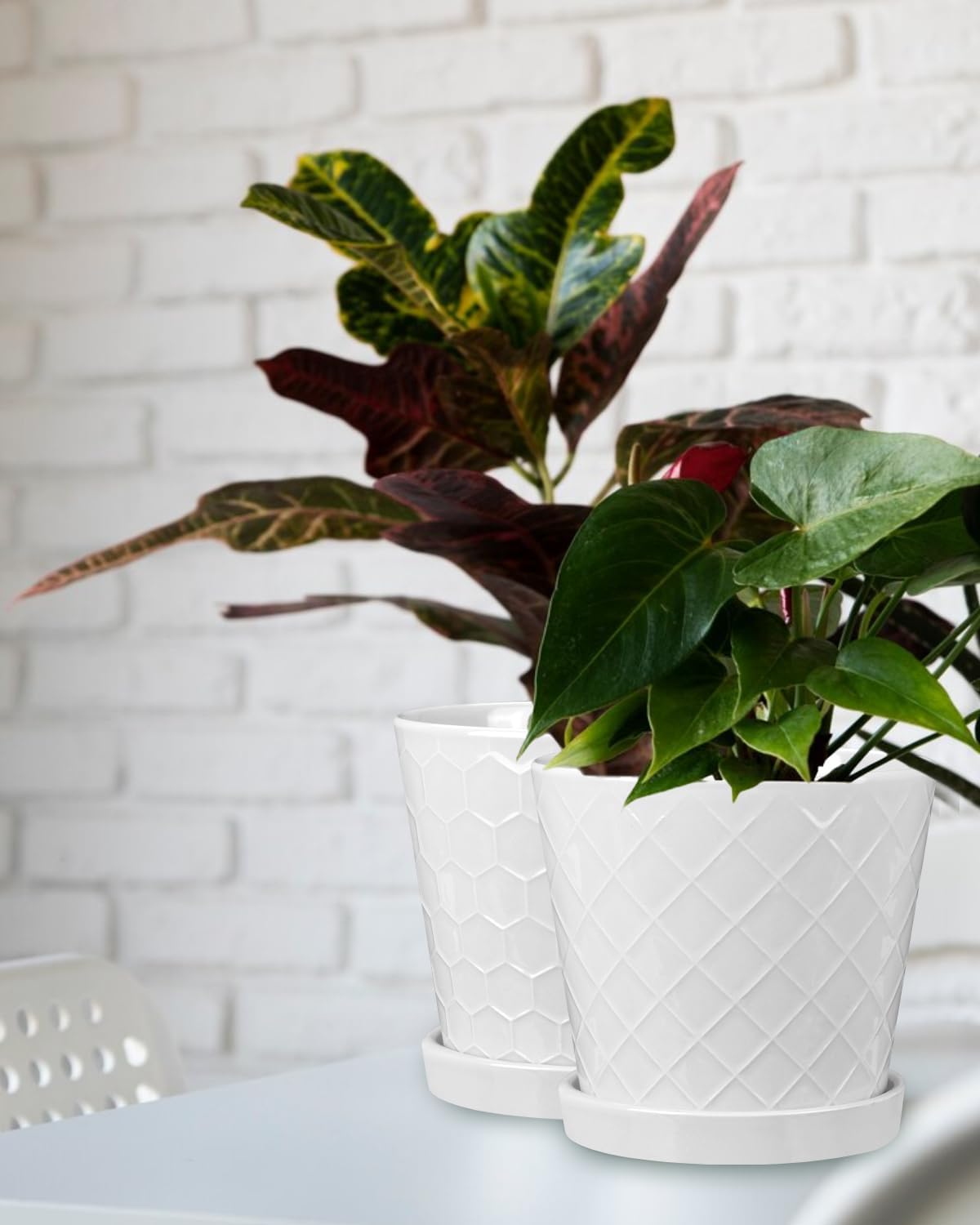 EFISPSS Ceramic Plant Pots, 6 Inch Pots for Indoor Plants, Planters with Drainage Hole and Saucer, Flower Pots Desktop Office Windowsill Decoration Gift Set of 2 - White