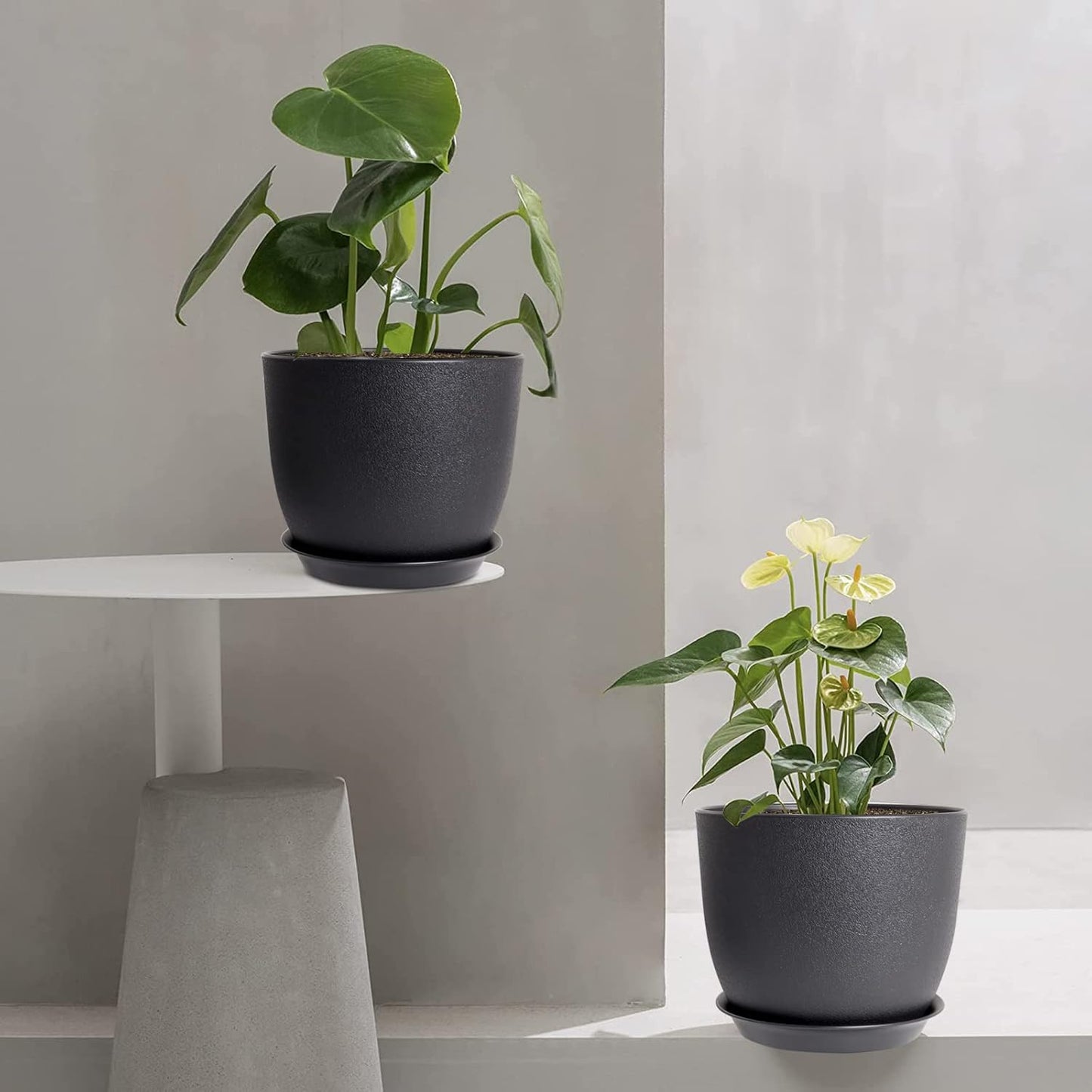 Modern Plant Pots Set, 9/8/7.5 inch Plastic Planters for Indoor Plants, Stylish Flower Pots with Drainage Holes and Saucers for House Plants and Flowers, Black
