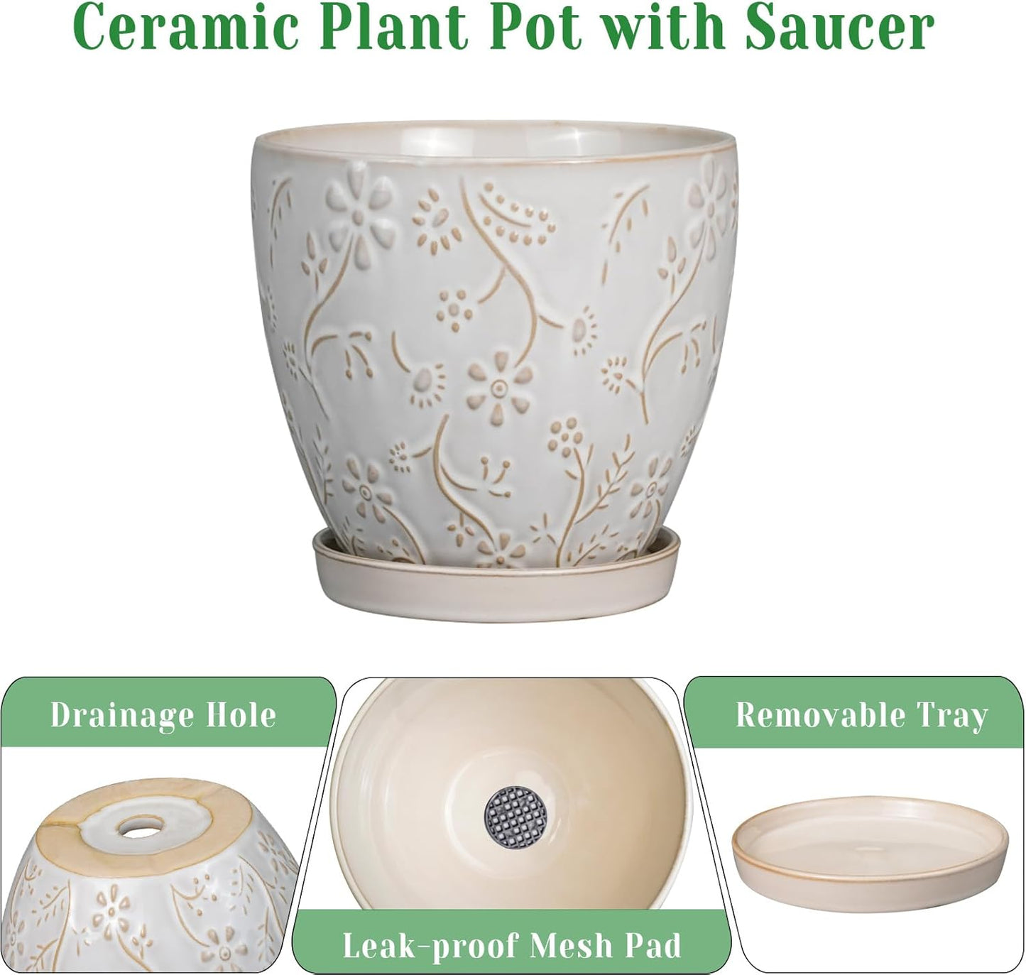 6 Inch Ceramic Plant Pot for Indoor Plants Outdoor Round Planter Flower Pot with Drainage Hole and Saucer for Home Garden Office Decor White