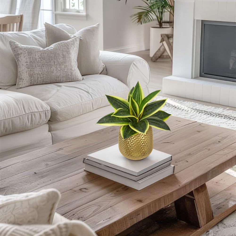 Hollyone Artificial Snake Plants 9" Faux Agave Succulent Plant Potted in Gold Metal Pot Fake Sansevieria Aloe Tropical Plant for Desk Modern Office Home Bathroom Indoor Outdoor Decor