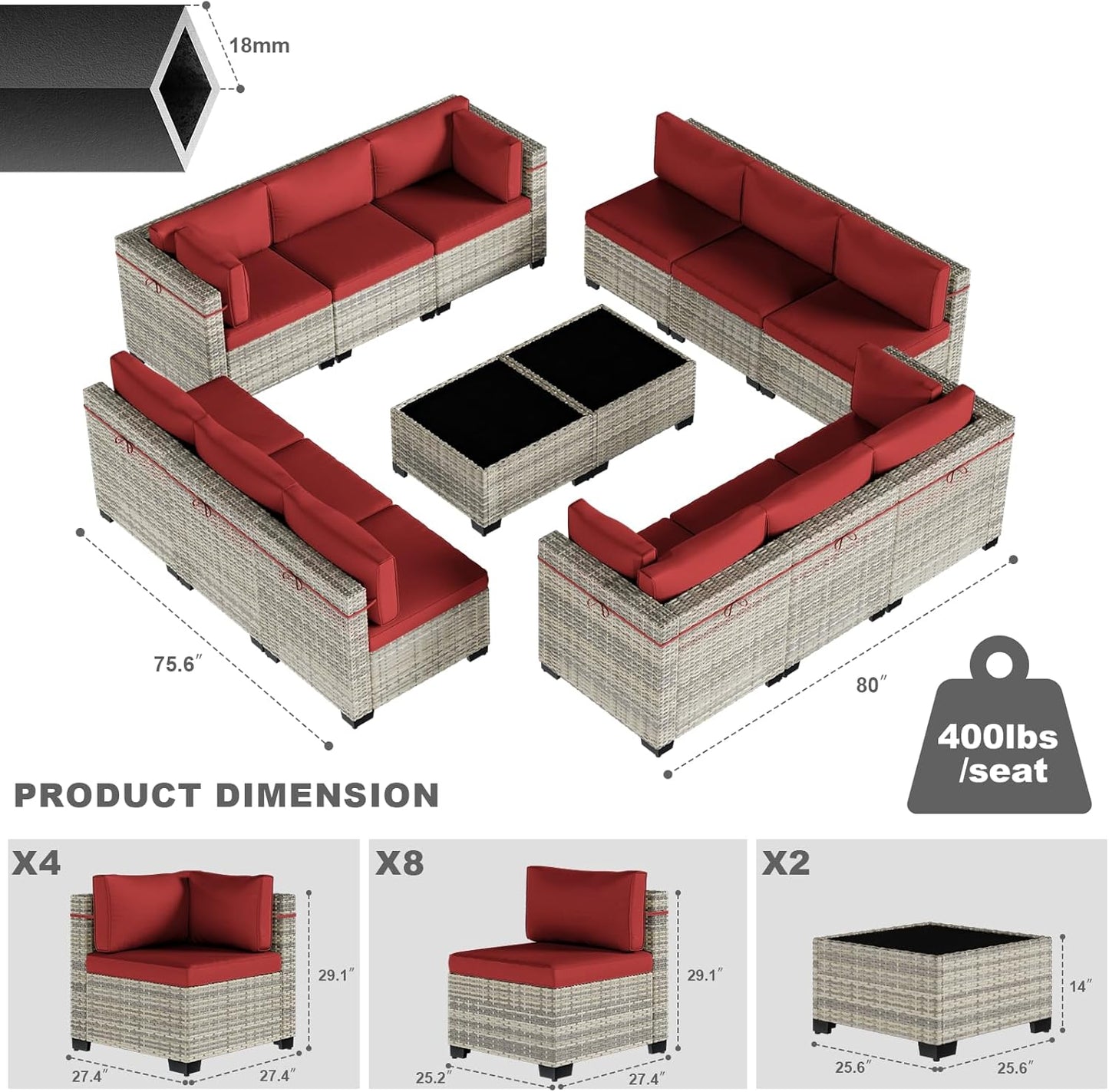 14-Piece Patio Furniture Set, Outdoor Sectional with Thick Cushions, Modular Patio Sofa, Dual-Strand Wicker Rattan, Rust-Resistant Frame, Backyard Furniture for Garden, Deck, Red