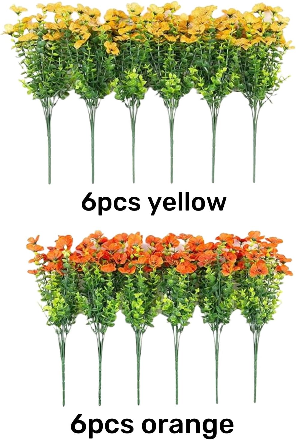 Artificial Fall Flowers Faux Mums for Outdoor Indoor Garden Home Decoration, Faux Flower Daisy with Eucalyptus Leaves Fake Mums Plants Greenery Boxwood Porch Patio, 12 Bundles (OrangeYellow)