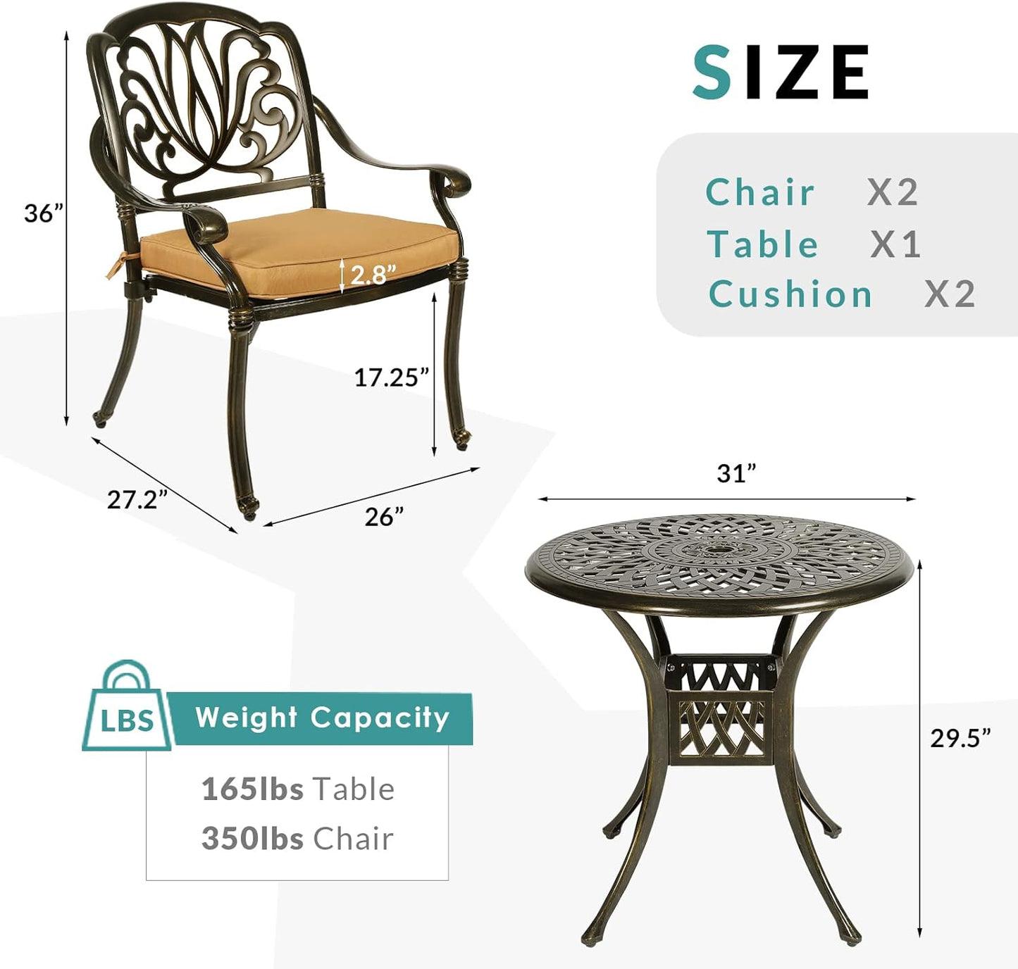 MEETWARM 3 Piece Patio Bistro Set, Outdoor All-Weather Cast Aluminum Dining Furniture Set Includes 2 Cushioned Chairs and a 31” Round Table with Umbrella Hole for Garden Deck