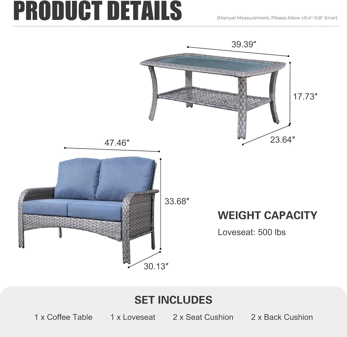 HOOOWOOO Patio Furniture Set,Outdoor High Back Loveseat Set,All Weather Wicker 2-Seater-Sofa Love Seat with Long Table,Denim Blue