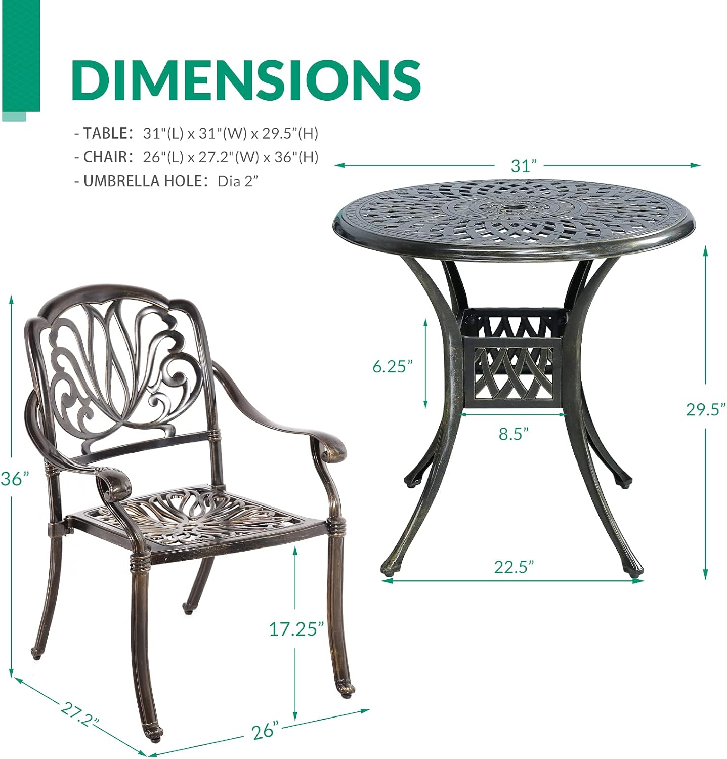 VIVIJASON 3-Piece Patio Furniture Dining Set, All-Weather Cast Aluminum Outdoor Bistro Set, Include 2 Chairs and 31" Round Table w/Umbrella Hole for Balcony, Lawn, Garden, Backyard