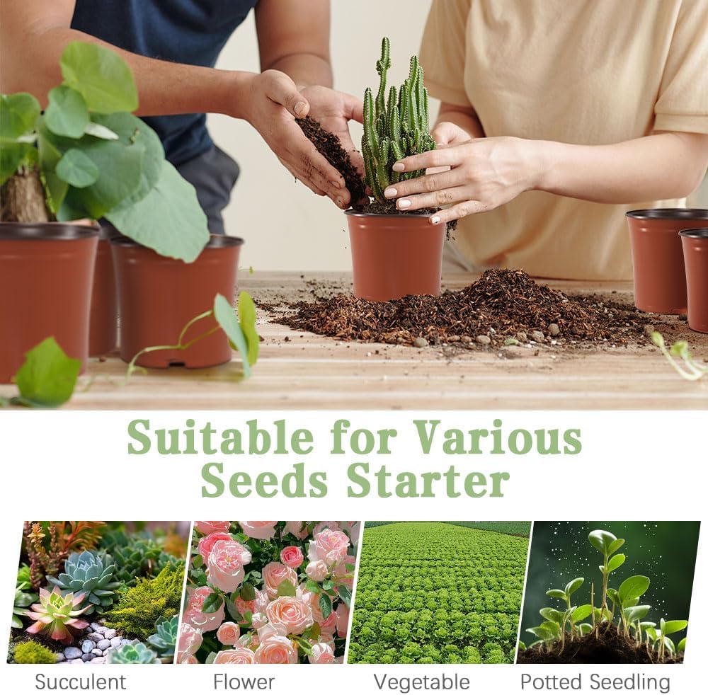 100 Pcs Plant Nursery Pots, 6 Inch Large Plant Seedling Pots with Labels Plastic Plant Flower Pots with Drainage Holes Indoor Outdoor for Succulent Cutting Transplanting