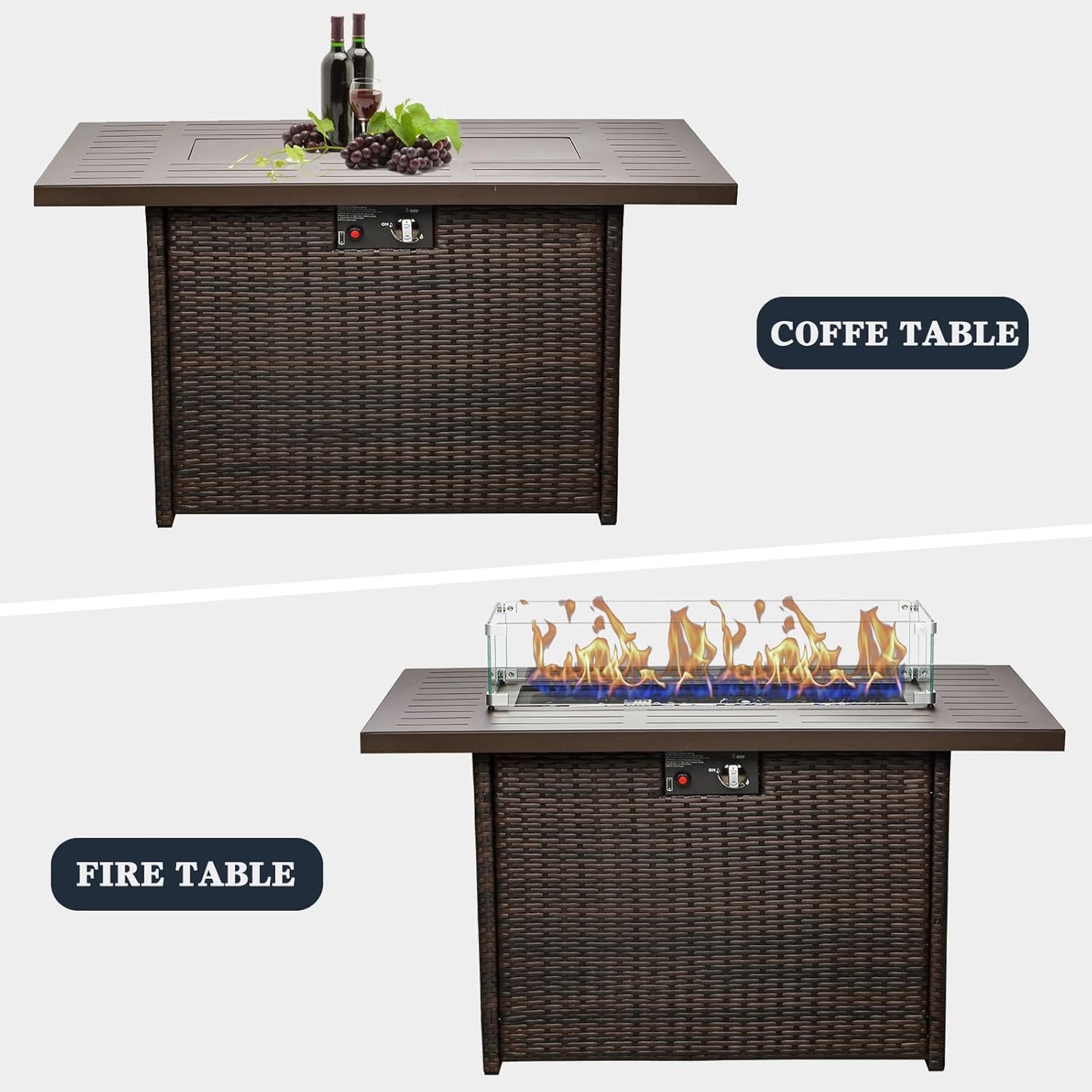 44 Inch Propane Gas Fire Pits Table for Outside Patio, 60000 BTU Rectangular Outdoor Wicker Rattan Fire Pit with Glass Wind Guard