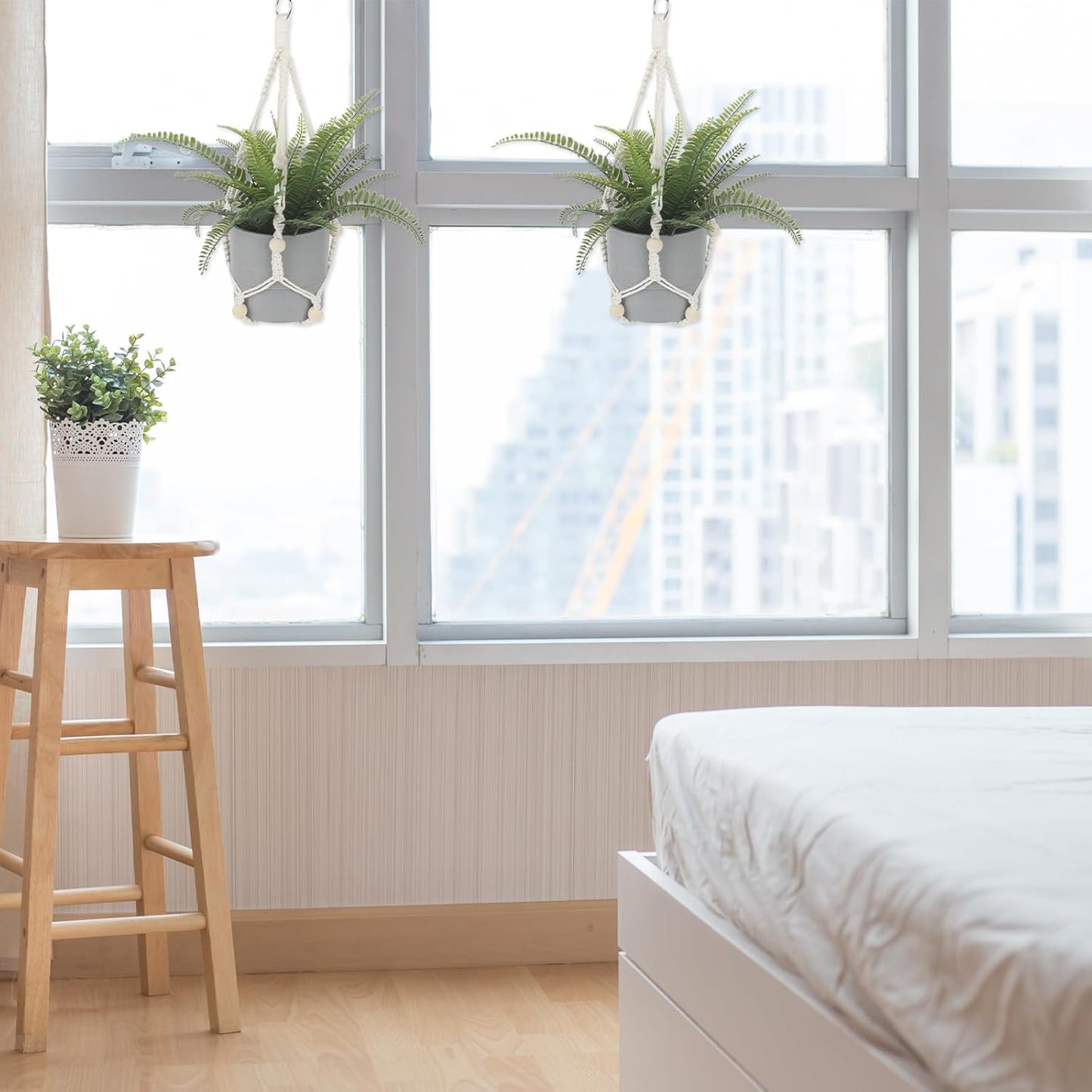 Macrame Plant Hanger Indoor, 2 Pack Boho Decor Hanging Plant Holder Hanging Planters for Indoor Plants Window Plant Hanger Flower Pot Hanging Basket with Wood Beads and Metal Hook Rings Ivory 20 Inch