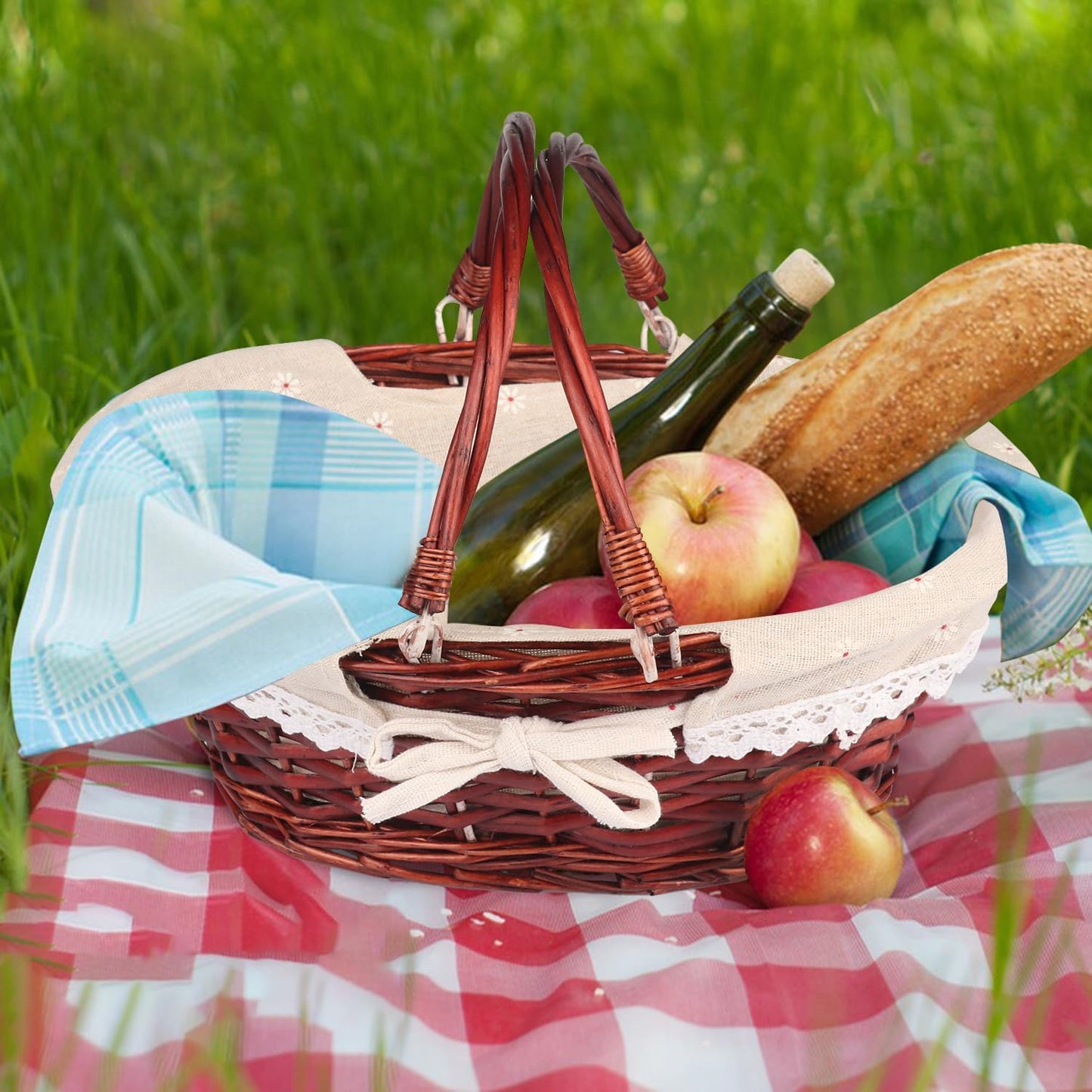 2 Pack Medium Size Wicker Basket with Handle, 12.6x9x4.7 in Wicker Picnic Basket with Liner, Empty Gift Basket, Oval Willow Woven Basket for Fruit, Candy, Wine, Gathering, Wedding, Picnic,by GNIEMCKIN