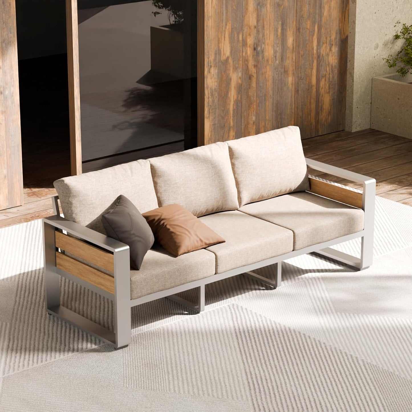 ZANDOR Aluminum Outdoor Patio Furniture - 1 Pcs 3-Seat and Coffee Table, All-Weather Metal Modern Outside Furniture with Washable Thick Cushion for Garden/Backyard/Porch, Silver