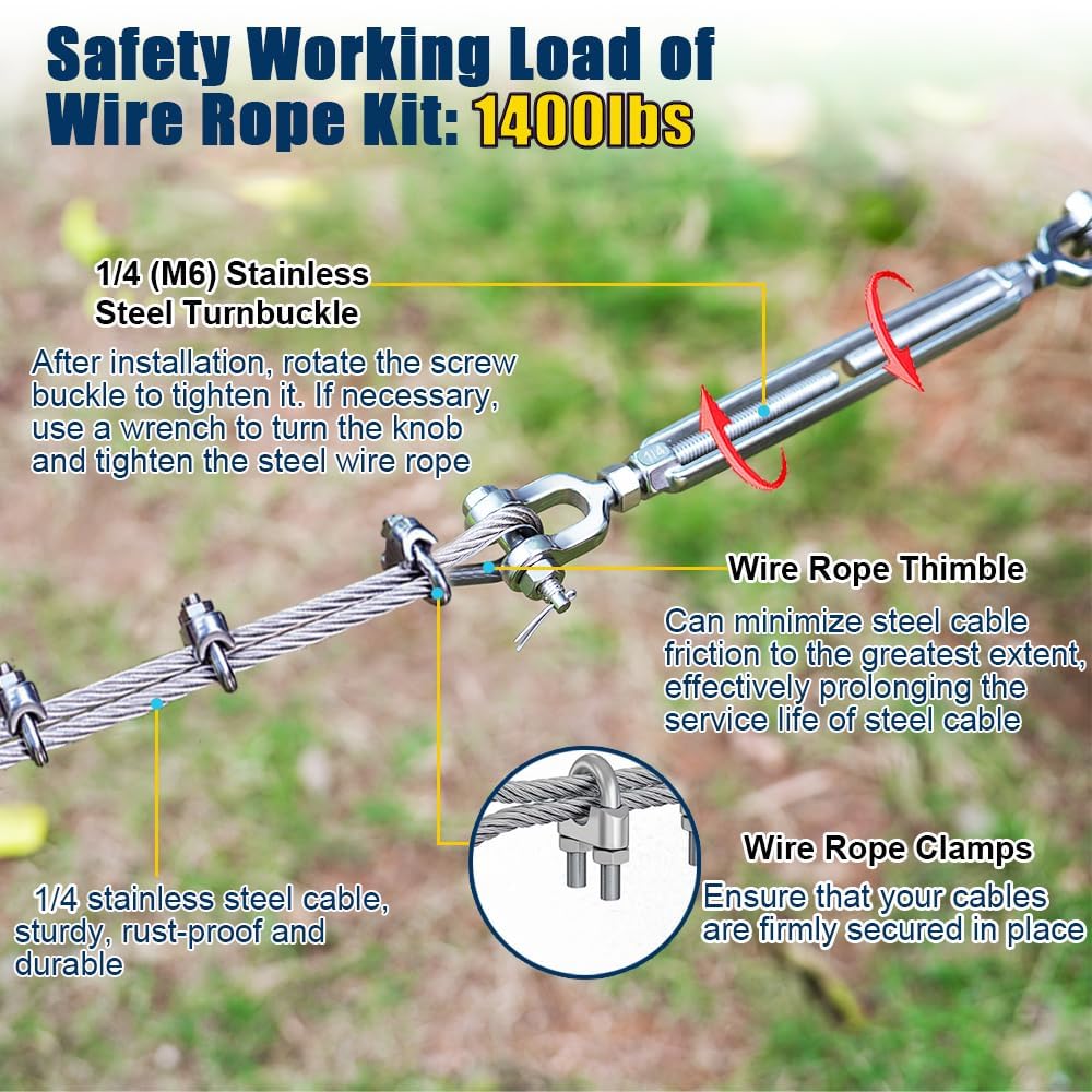 1/4" Wire Rope Kit, 50ft Stainless Steel Cable with 2Pcs 1/4 Turnbuckle, Clamp & Thimble, 7x19 Strands Heavy Duty Metal Cable,1400 lbs Load Limit, Turnbuckles for Cables Wire, Zipline