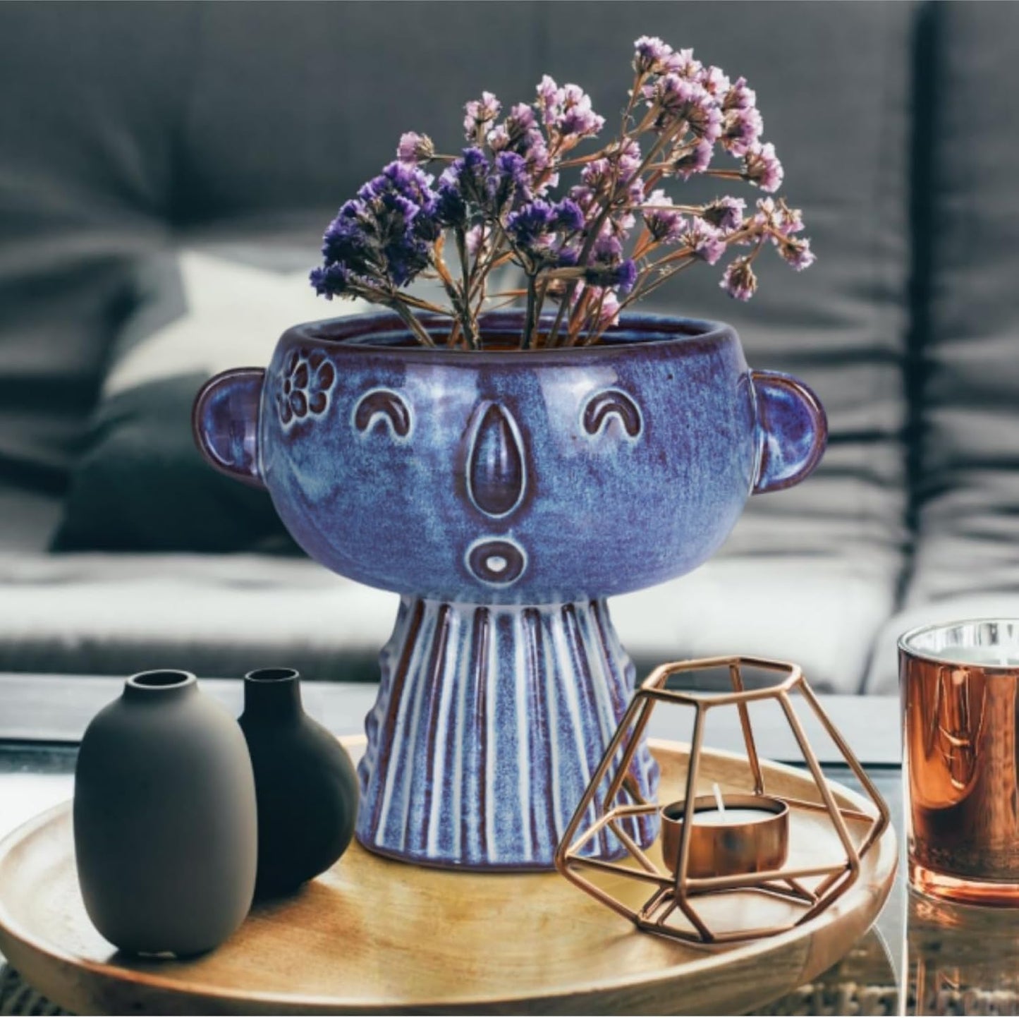 Planter, Ceramic Cute Face Flower Pot Head, Indoor Outdoor, Drainage Hole, 7x5x6 inches, Light Blue