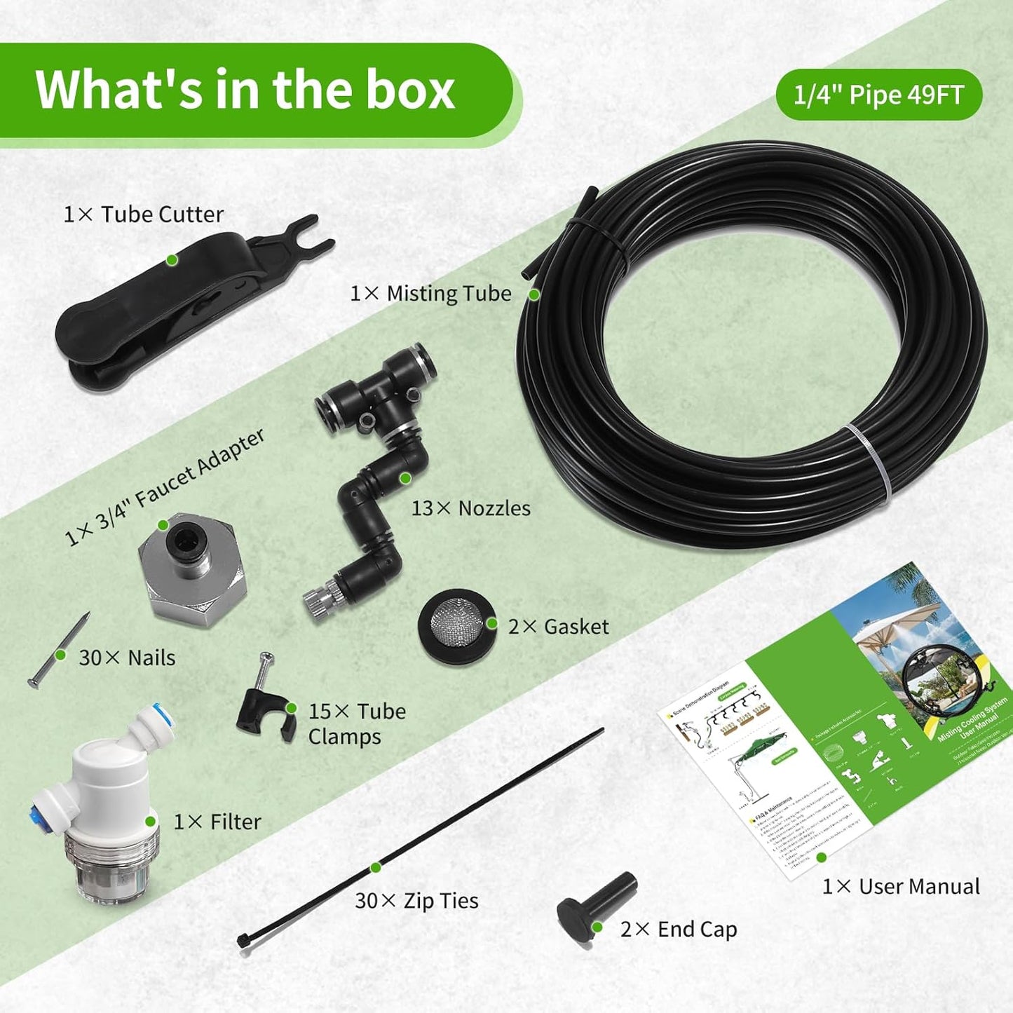 Outdoor Misting Cooling System,49FT (15M) Misting Line + 3/4” Threaded Adapter + 13 Adjustable 360° Nozzles, Garden, Greenhouse, Misters for Outside Patio