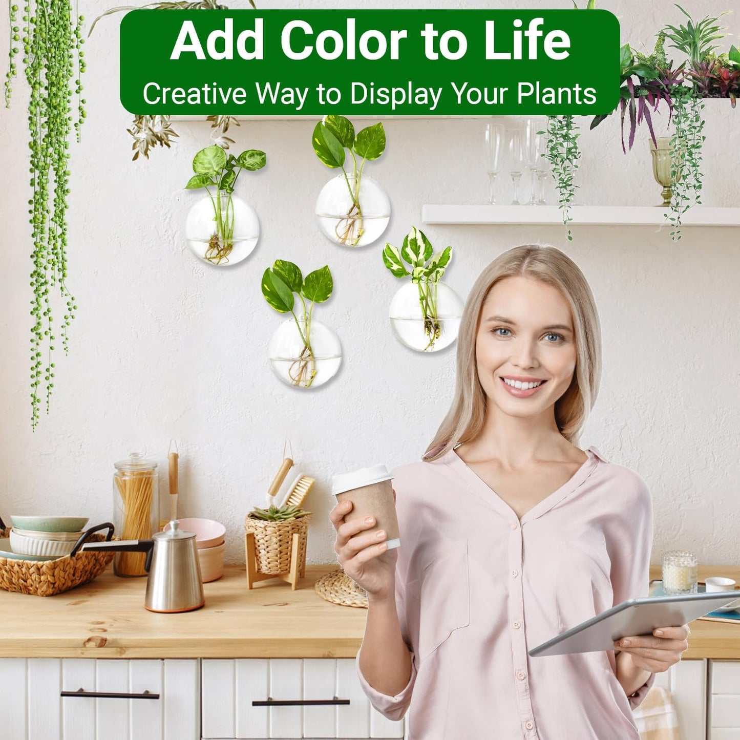 Ivolador Wall Hanging Planter Propagation Station Glass Flower Vase for Hydroponics Plants, Home Office Living Room Decor Gift, Set of 4