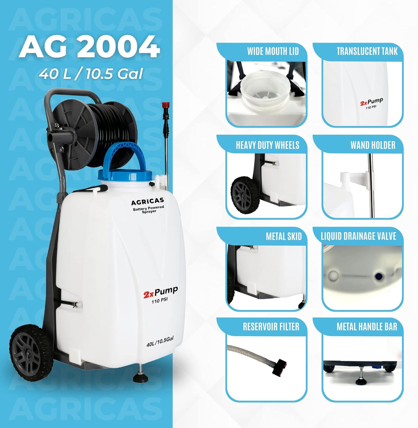 10.5 Gal Battery Powered Sprayer with Double Professional Pump with Wheels, Multifunctional and Portable Weed Sprayer for Lawn & Garden with Adjustable HD Wand and Nozzles