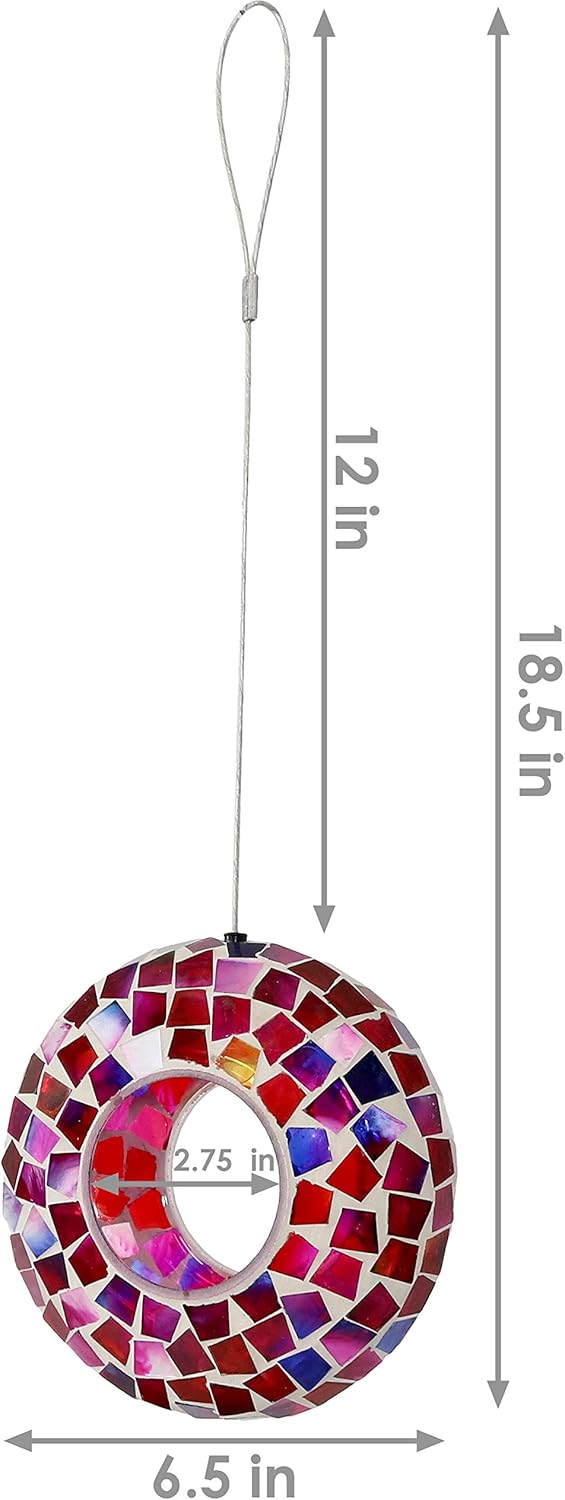 Sunnydaze 6-Inch Glass Mosaic Hanging Bird Feeder for Outdoors - Fly-Through Wild Bird Feeder - Crimson Mosaic