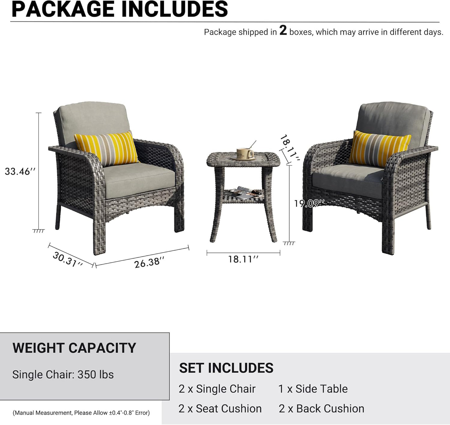 HOOOWOOO Patio Furniture Set,3 Pieces Outdoor Conversation Set,All Weather Wicker Bistro Set Yard Porch High Back Chairs Side Table,Dark Gray