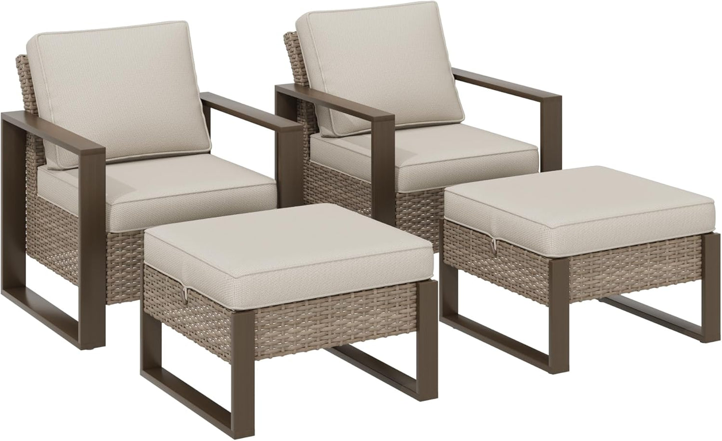 Outdoor Wicker Metal Chairs Set of 2 with Two Ottomans - 4 Pieces Patio Bistro Set with Rectangular Framed Wood-Looking Metal Armrest & Removable Cushions for Poolside, Terrace, Beige