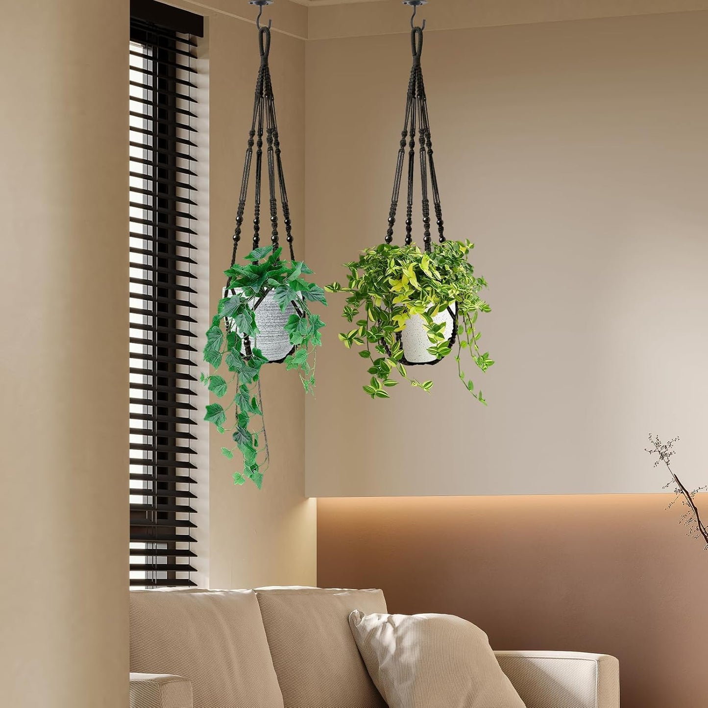 Macrame Plant Hanger Indoor Set of 2 with 4 Hooks, Indoor Outdoor Hanging Planter for Plants Holder with Decorative Wood Beads & No Tassels, Boho Home Decor, 35 Inch Black (Pots Not Included)