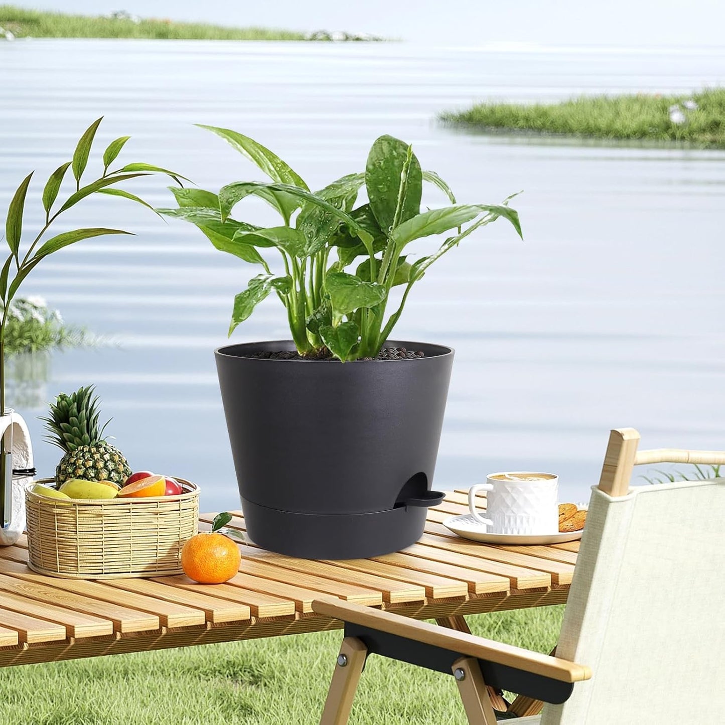 12 inch Large Self Watering Pots for Indoor Outdoor Plants, Flower Plant Pots with Mesh Drainage Holes for Garden House Plants, Plastic Planters with Reservoir for Home Decor, Black