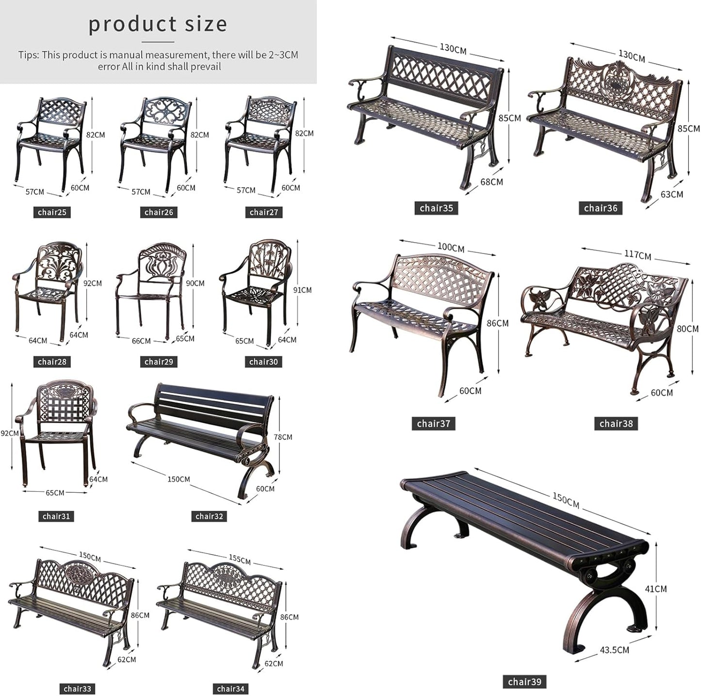 Outdoor Bench Chair Cast Aluminum Garden Bench Patio Bench All-Weather Park Bench for Backyard Porch Lawn (100cm Rose Park Bench)