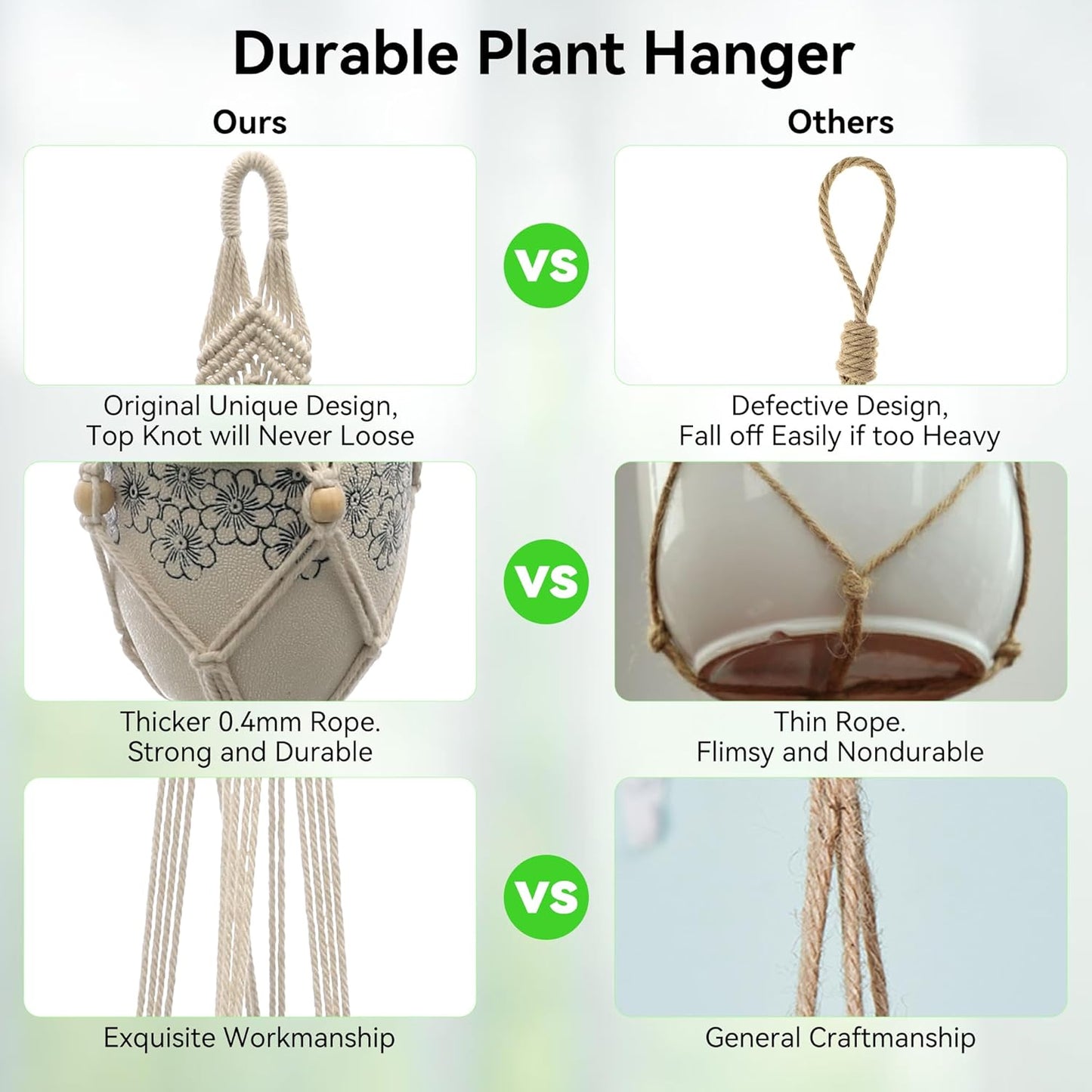 USLAI Macrame Plant Hanger Indoor Outdoor, Up to 4-15 inch Pot, Heavy 20lb Planters, Extra Long Strong Hanging Planter Basket, Boho Home Decor, 41 Inch, Ivory, Set of 2 (POTS NOT Included)