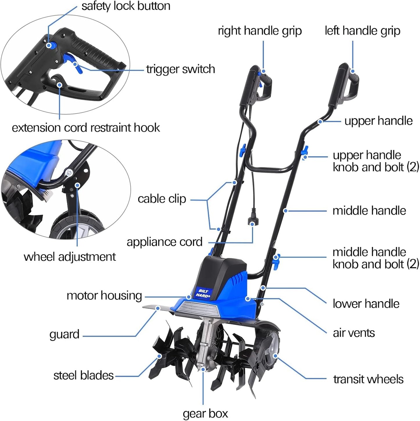 BILT HARD Tiller Cultivator 16 inch, 13.5 Amp 6 Steel Tines Tillers for Gardening Foldable, Electric Garden Rototiller with Adjustable Wheels