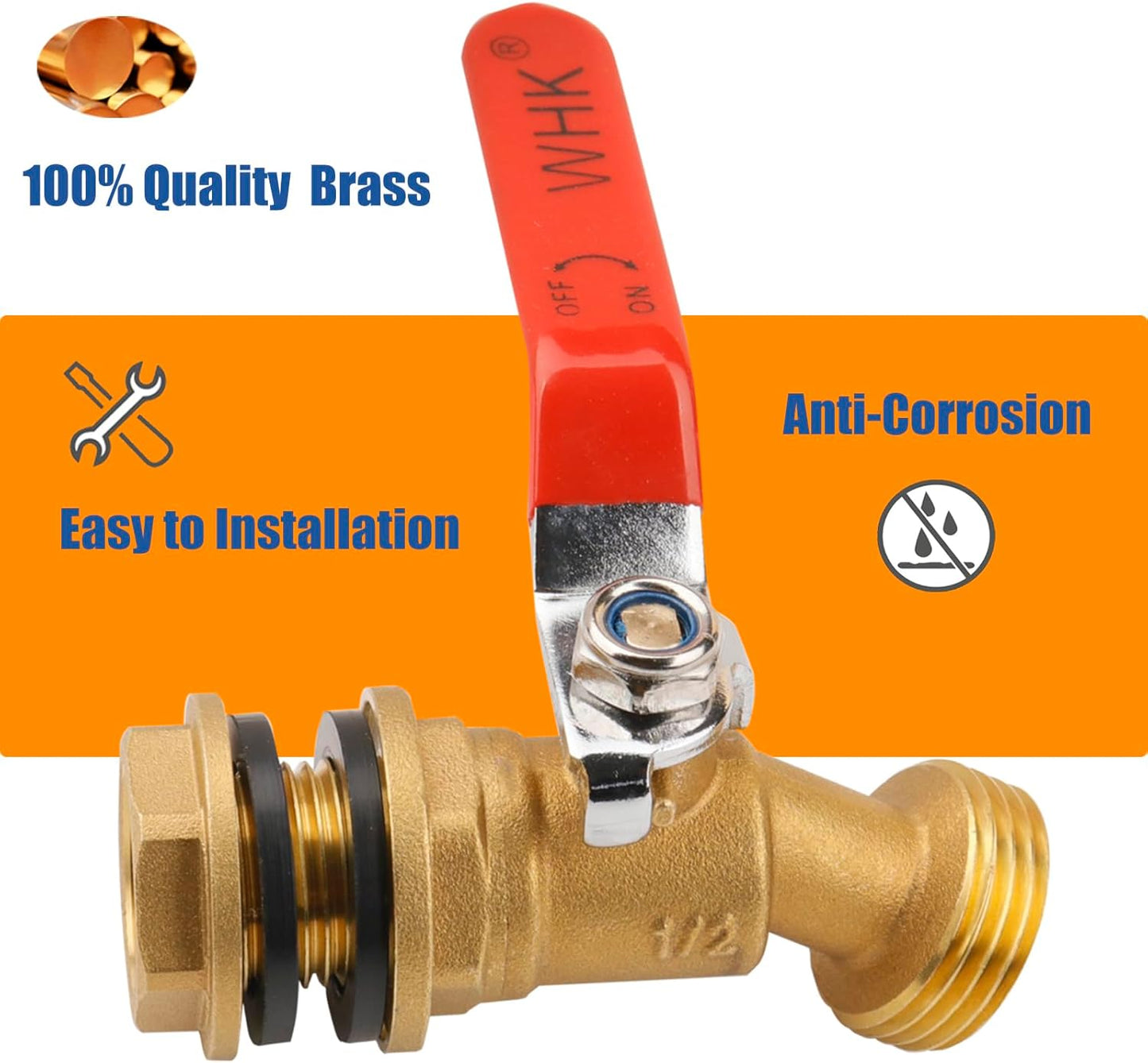 WHK Rain Barrel Spigot Kit-Water Bucket Spigot Faucets-Water Spicket Water Spout Spigot for 5/55 Gallon Bucket for Rain Barrel Water Container WaterTank,1/4 Turn with Long Handle(Brass)