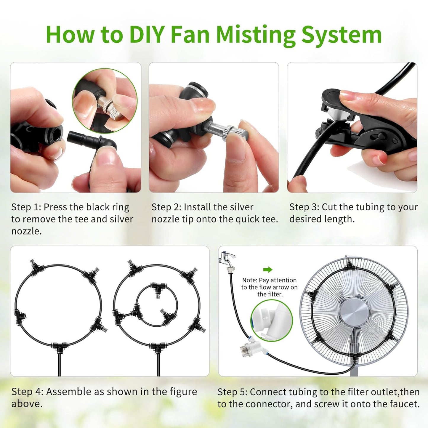 Misters for Outside Patio, 65FT (20M) Misting Line + 18 Adjustable 360° Nozzles + 3/4” Threaded Adapter, Misting Cooling System for Patio, Garden, Greenhouse, and Trampoline