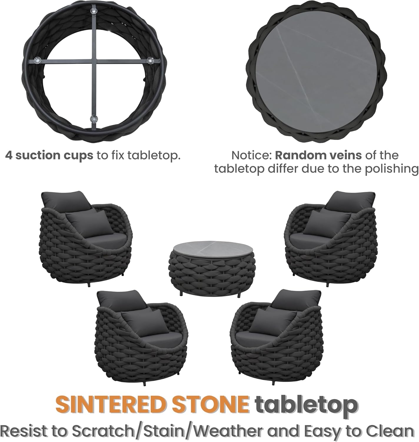 Aluminum Front Porch Furniture Set: 5 Pieces Woven Rope Patio Conversation Set - All Weather Cushioned Outdoor Sofa Set Assembled - Metal Modern Couch Set 400lb Deck Garden Pool Hotel, Dark Gray