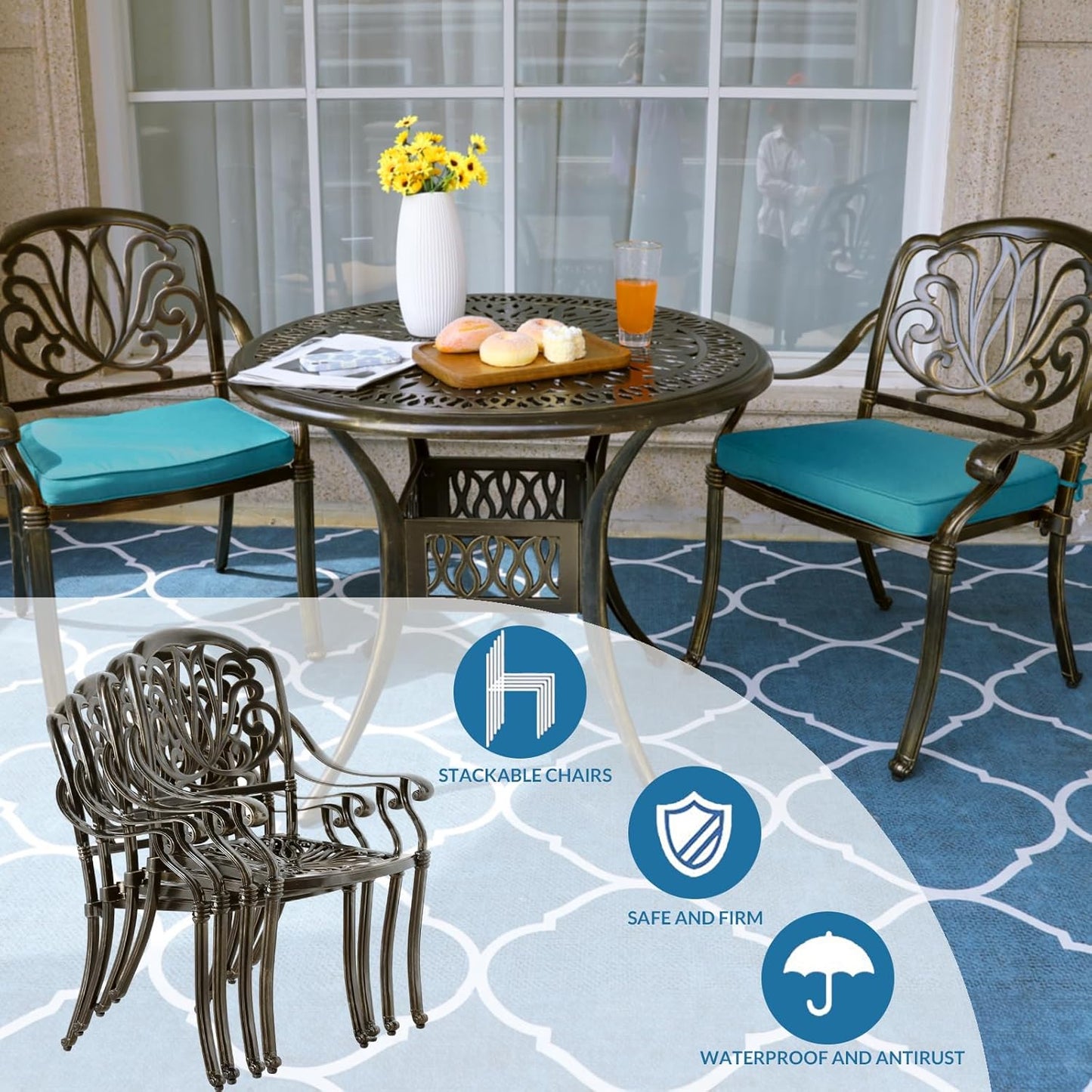 MEETWARM 3 Piece Patio Bistro Set, Outdoor All-Weather Cast Aluminum Dining Furniture Set Includes 2 Cushioned Chairs and a 35.4” Round Table with Umbrella Hole for Garden Deck, Ocean Blue