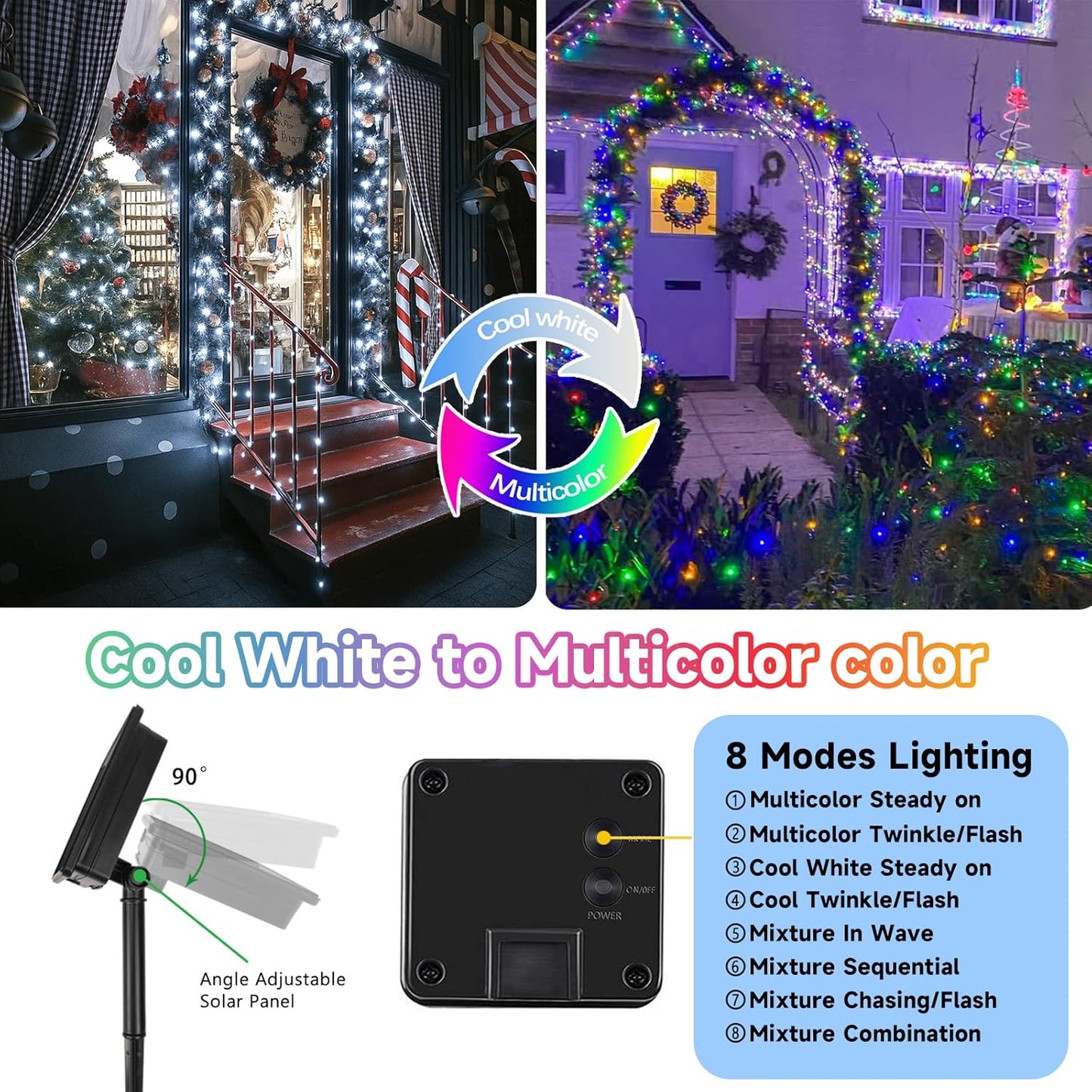 SANJICHA Cool White and Multicolor Color Changing Solar String Lights, Extra-Long 2PK 144FT 400LED Solar Fairy Lights Outdoor Waterproof, Copper Wire 8 Modes for Garden Party Wedding Decorations