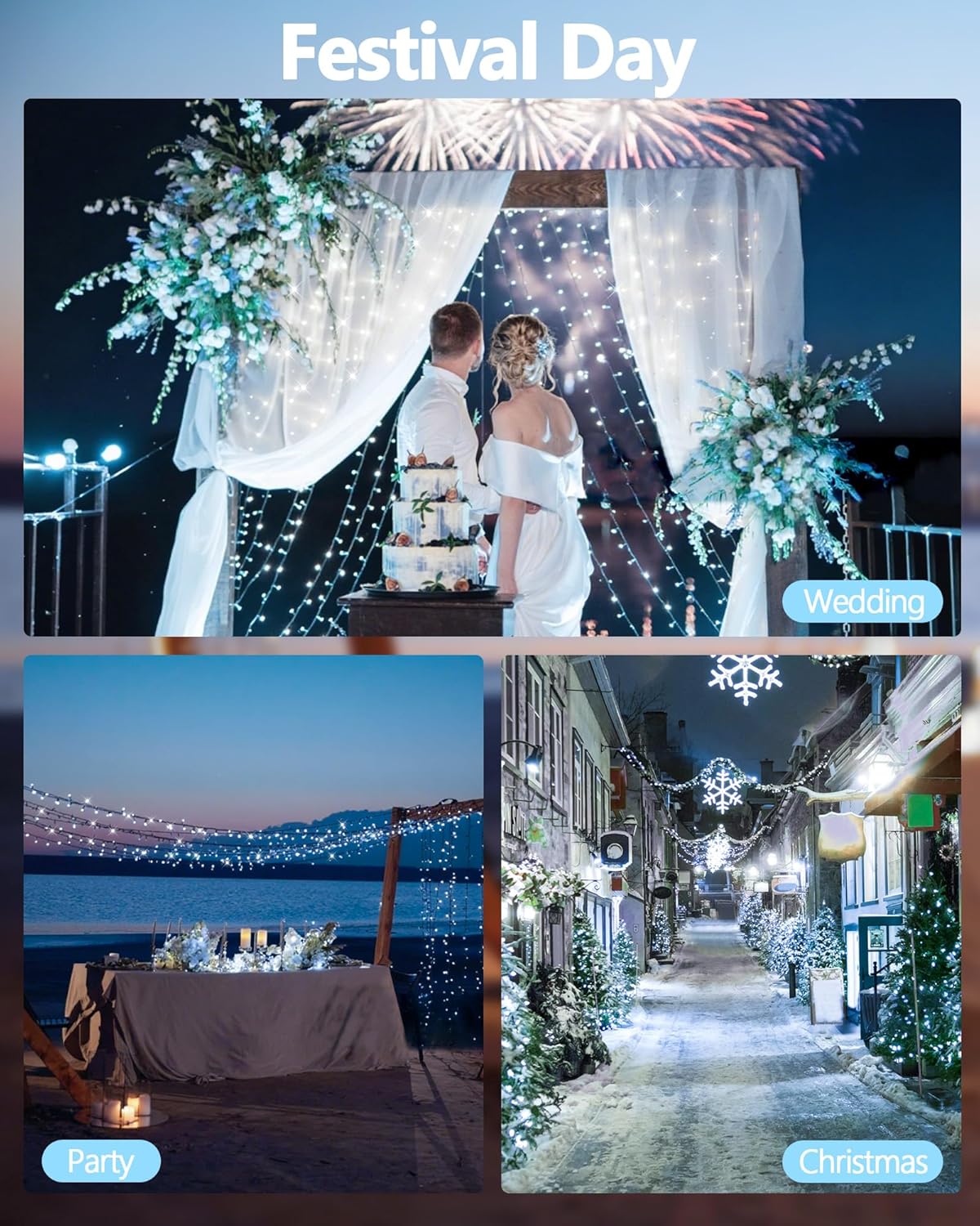 6 Pack Solar Christmas Lights Outdoor Waterproof, 600 LED 198 FT Solar Powered String Lights Outdoor with Green Wire 8 Lighting Modes, Christmas Tree Light for Xmas Fence Party Yard Decor, Cool White