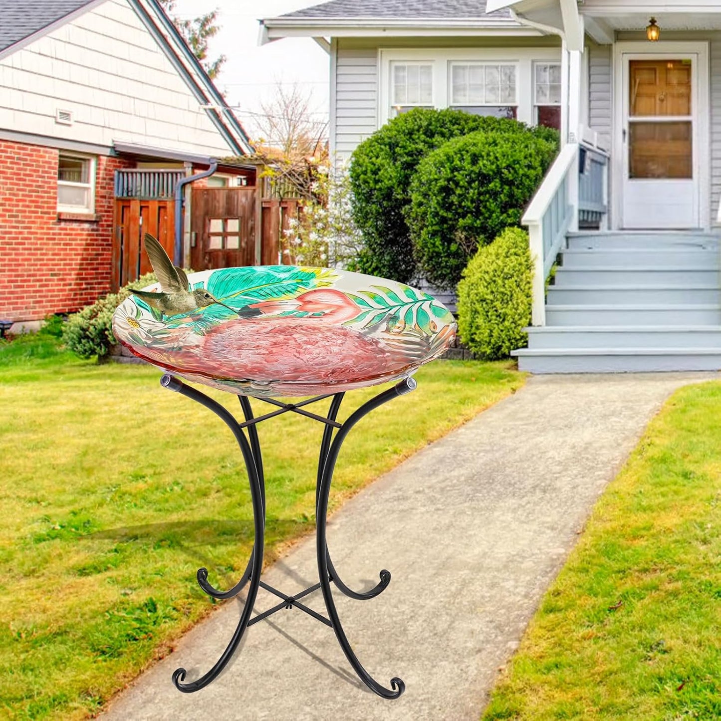 MUMTOP Outdoor Glass Birdbath with Metal Stand for Outside Yard Garden Decor, 18 inch Diameter Flamingo Bird Baths Bowl for Outdoors, 21.65 inch Height