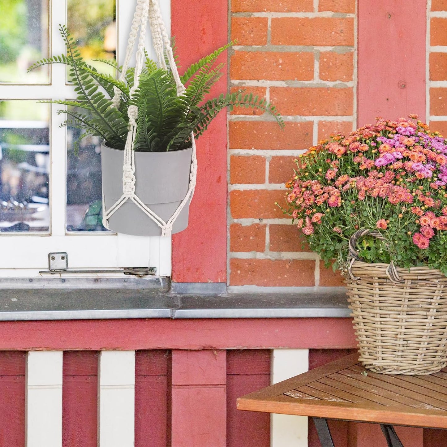 Macrame Plant Hanger, 2 Pack Boho Hanging Planters Baskets for Indoor Plants Decorative Braided Cotton Rope Flower Pot Holder with Metal Hook Rings for Outdoor Home Decor, No Tassels, Ivory, 20 Inchs