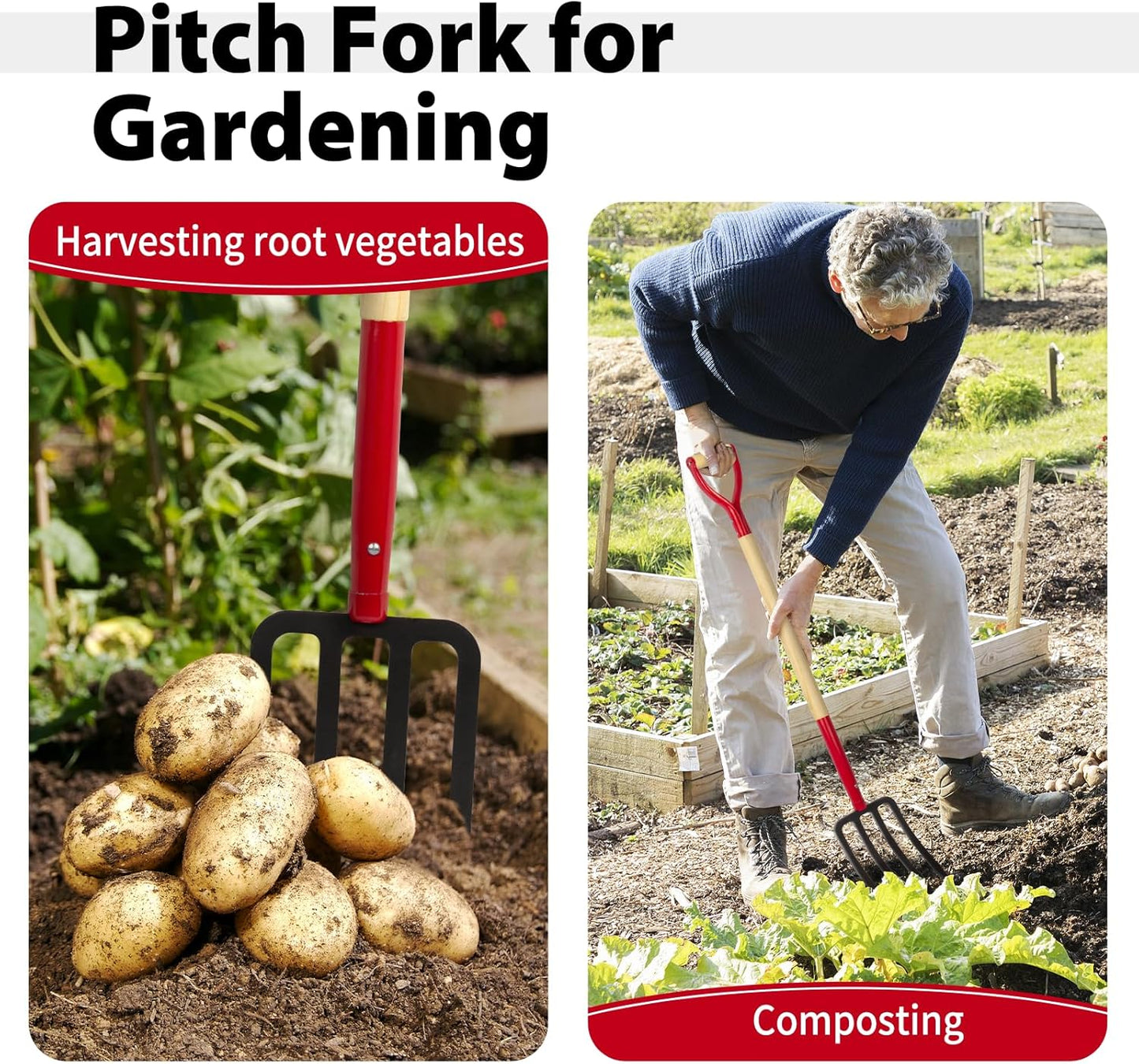 Heavy Duty Garden Fork for Digging, 4 Tines Pitch Fork for Gardening Compost, Garden Pitch Fork with Wooden Handle, 45 Inches