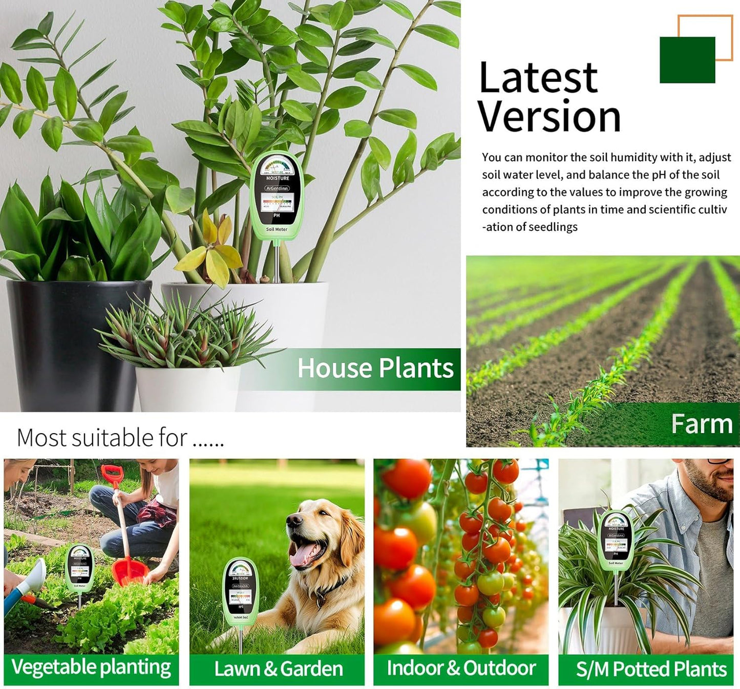 2-in-1 Soil Test Kit, Soil Moisture Meter, Soil pH Tester-Dual Dial-Simultaneously-Display Results-Soil pH Meter, Moisture Meter for House Plants,Lawn,Garden,Farm Indoor&Outdoor-BabyGreen