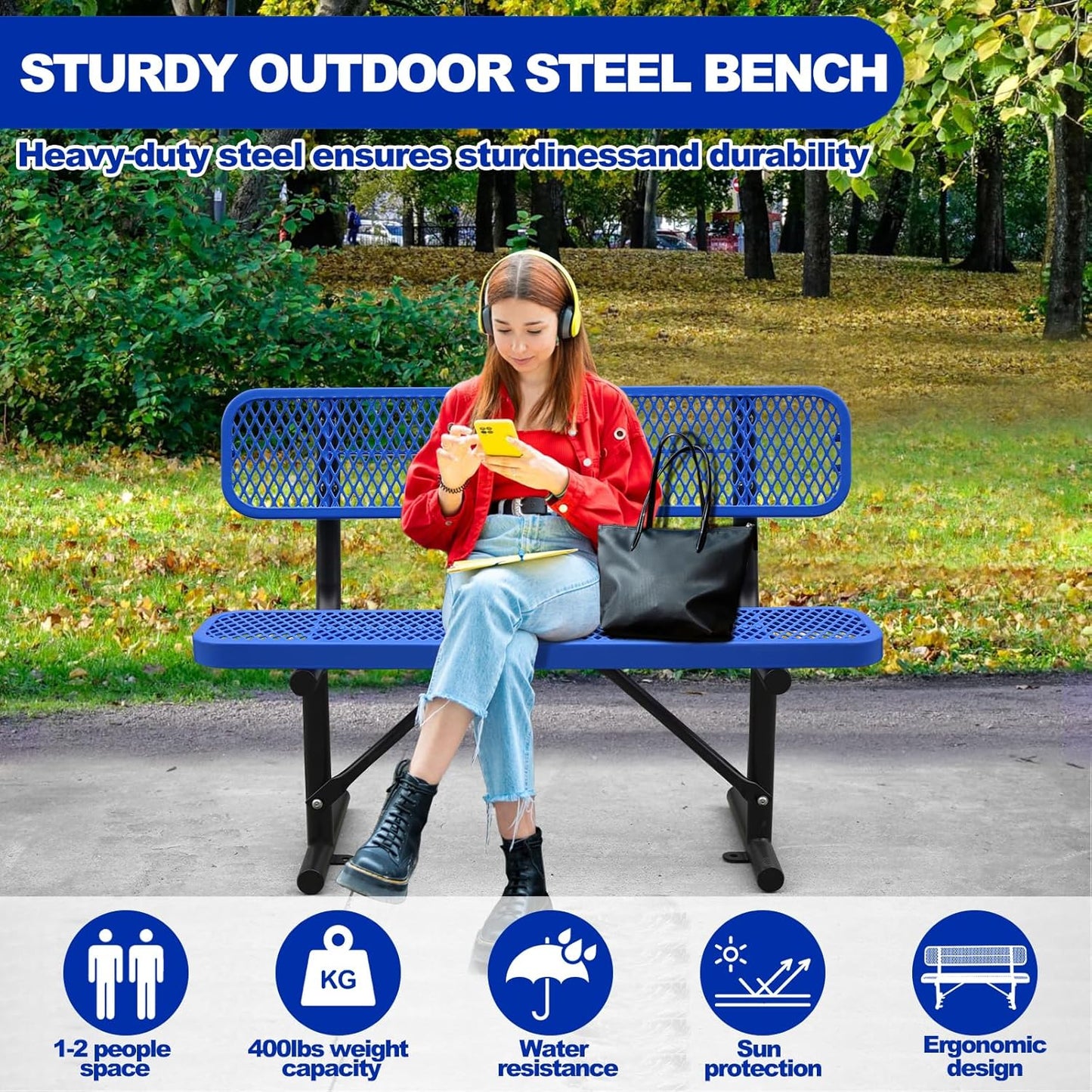 Outdoor Garden Bench, Cast Iron Metal Frame Patio Park Bench with Backrest, Portable Expanded Metal Black Bench, Commercial-Grade Outdoor Seating for Lawn, Patio, Park, Yard, Garden (Blue, 4FT/48'')