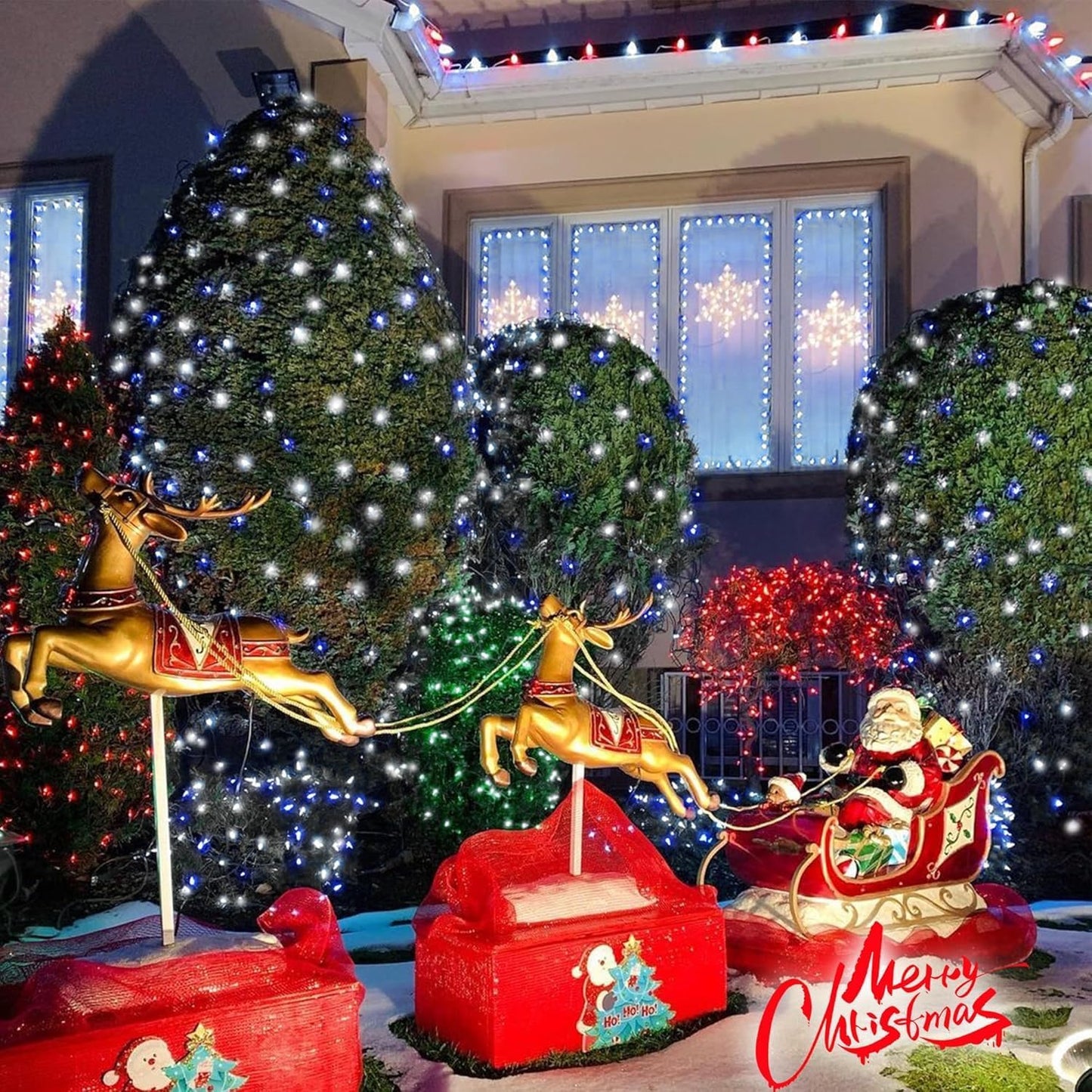 QITONG 4 Pack Blue and White Solar Fairy Lights, Each 33ft 100 LED Christmas String Light, 8 Modes Silver Wire Mini Twinkle Lighting for Tree Garden Yard Christmas