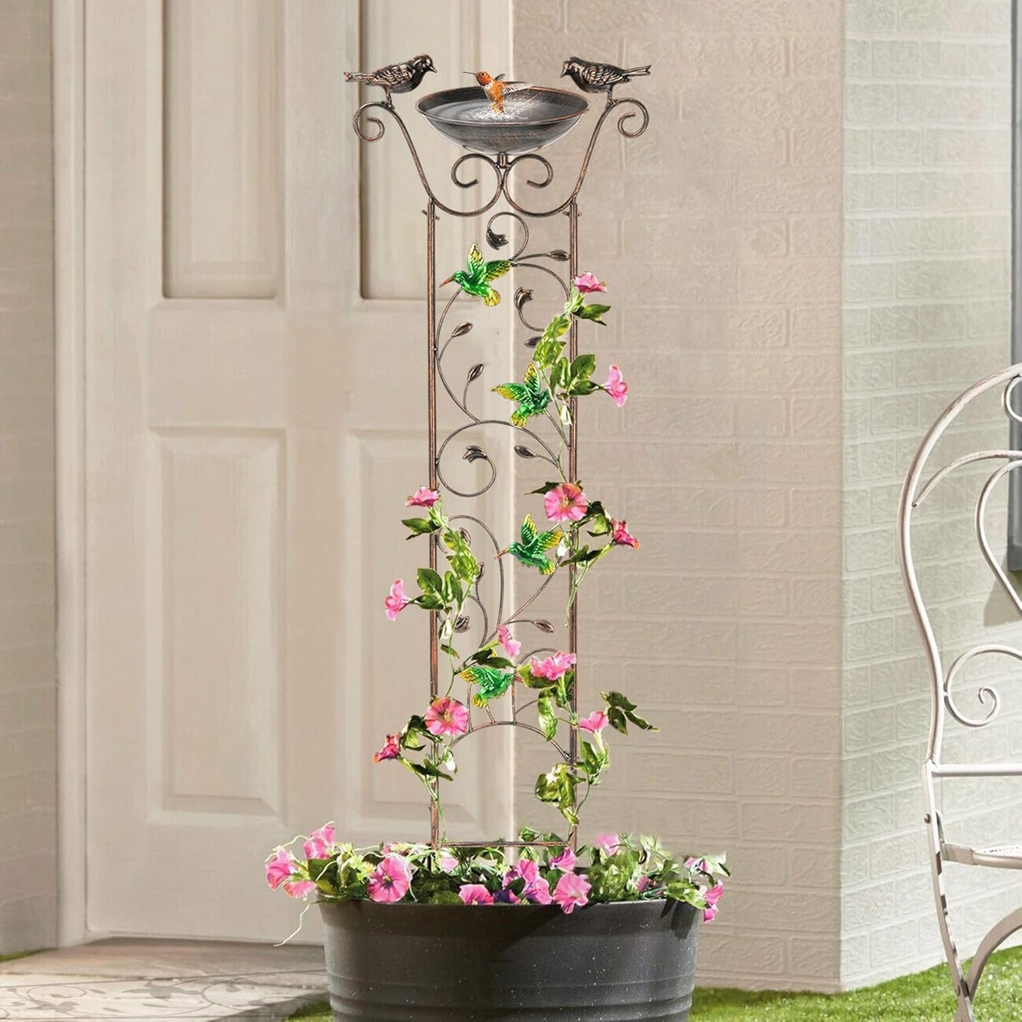 LEWIS&WAYNE Garden Trellis Bird Bath Outdoor, 40 Inch Antique Iron Garden Plant Trellis Decorative with Hummingbirds and Detachable Drinking Basin Bowl, Free Standing BirdBath Birdfeeder Station