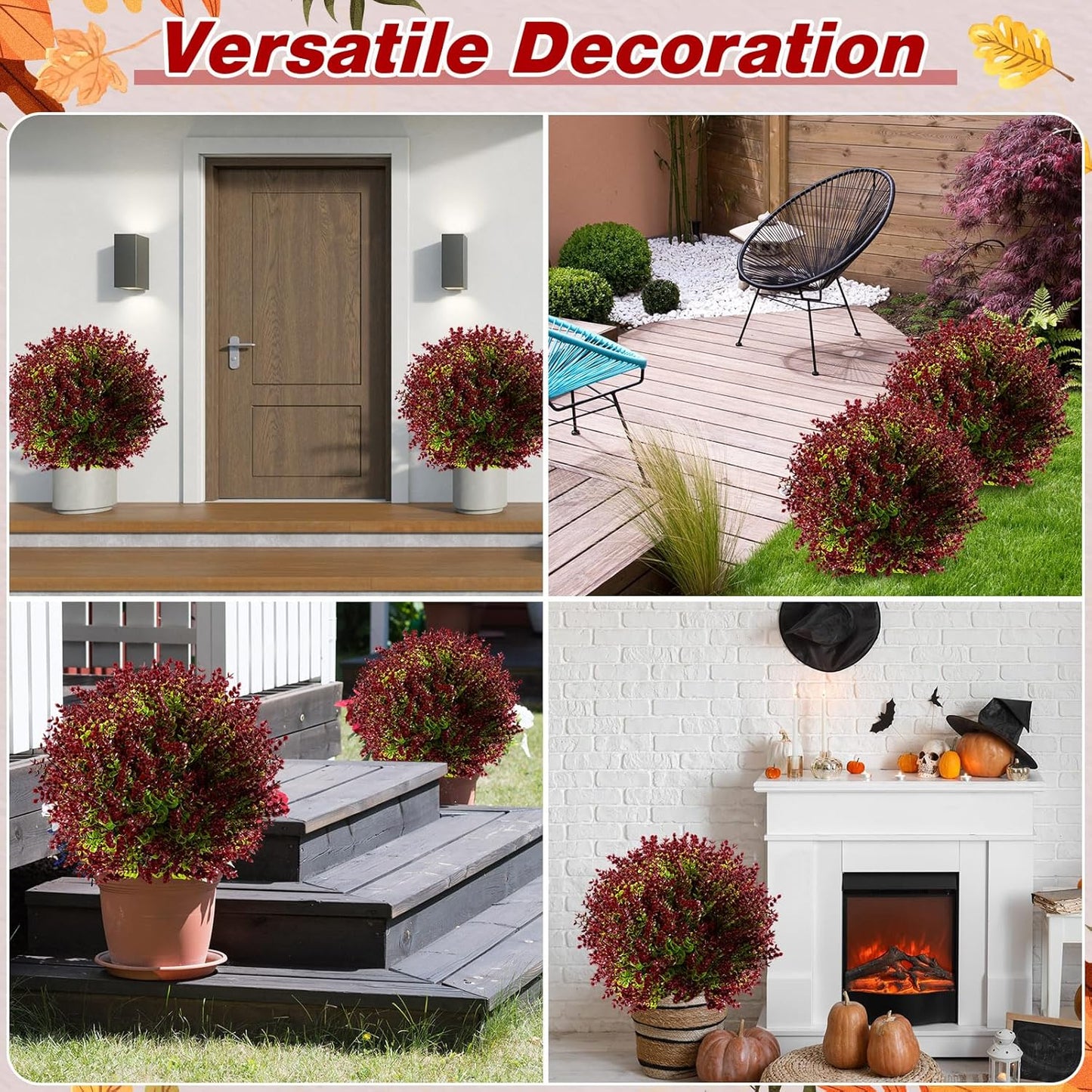 Yunlly 4 Pcs 18 Inch Artificial Boxwood Ball Topiary Tree Fake Outdoor Plants Bush, UV Resistance Faux Shrub with Spike Realistic Greenery Potted for Indoor Garden Yard Porch Patio Decor (Purple Red)