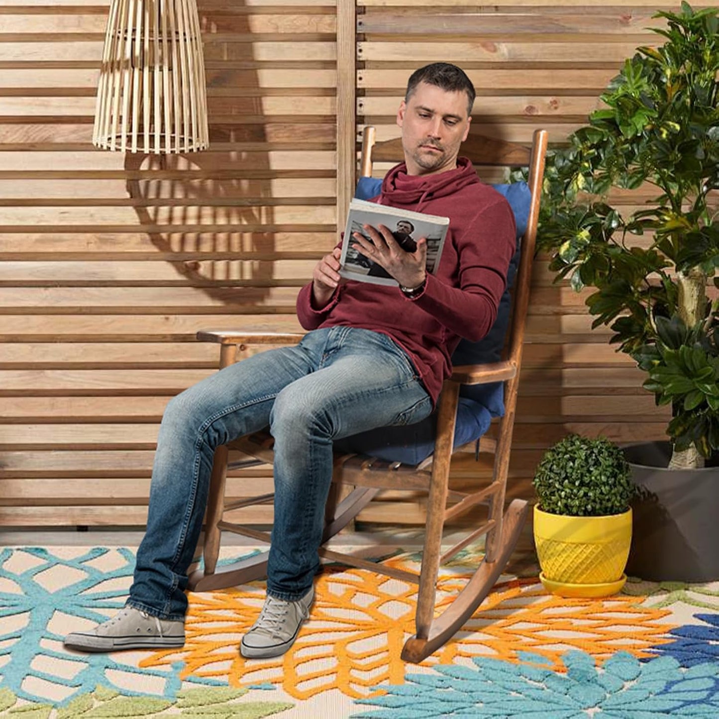 1 Pack Patio Chair Cushion, Rocking Chair Cushion with Ties Overstuffed Seat Back Cushion Pad for Outdoor Indoor Use, Blue