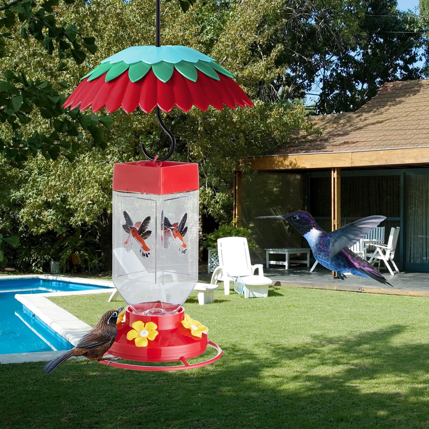 8" Bird Feeder Dome with Ant Moat, Skaithee 8" Bird Feeder Baffle with Ant Guard & Shepherd Hooks, Attract Hummingbirds & Anti Sun/Rain/Snow/Ants (Red 8 inches 20cm)