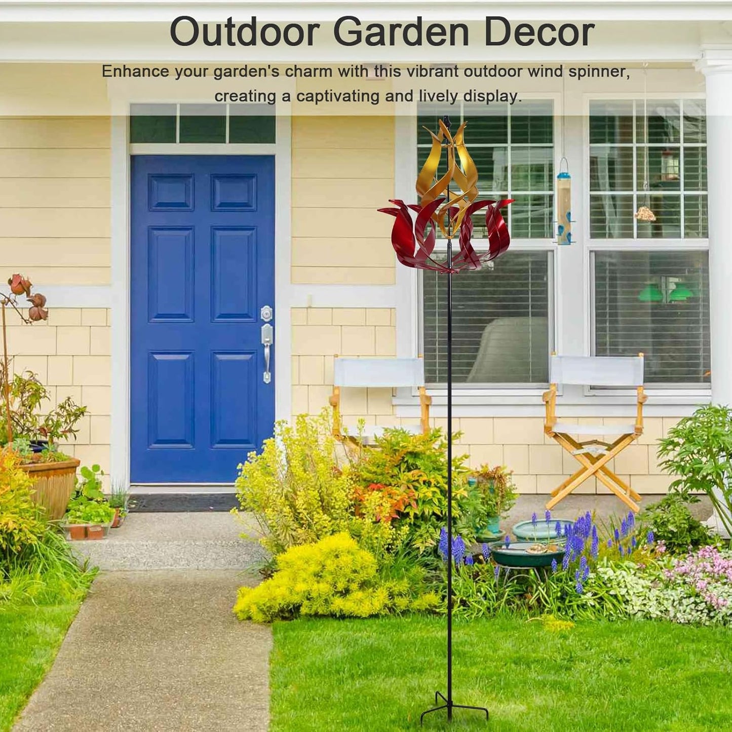 hogardeck Large Wind Spinners Outdoor, 93.3" Metal Tulip Wind Spinner with Stake, 360° Rotating Yard Art, Kinetic Flame Wind Sculptures for Home Lawn Backyard Patio Garden Decor (Red, Golden)