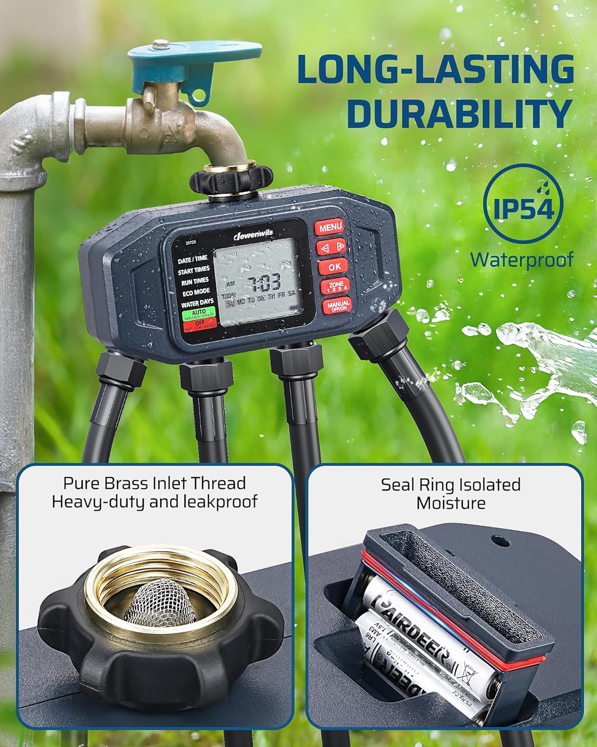 DEWENWlLS Sprinkler Timer, 4 Zone, Outdoor Faucet lrigation, Rain Delay & Manual, Programmable Water Hose Timer for Holiday, Garden, Lawn, Vegetable Gardening, Potted Flowers
