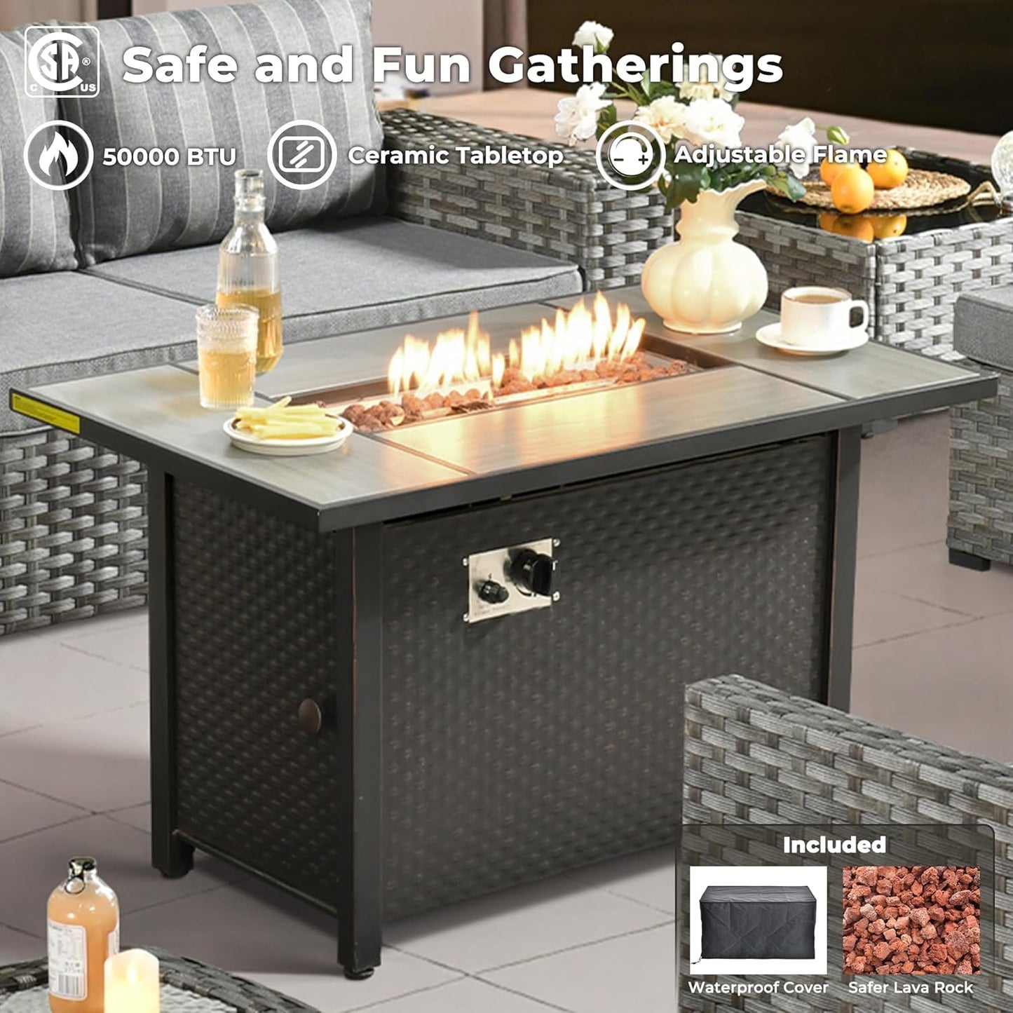 ovios 7 Pieces Patio Furniture Set, Outdoor Wicker Sectional Sofa with 42 Inch Fire Pit Table Comfy Cushions, Modern Modular Deep Seat Rattan Couch Conversation Set, Dark Gray Stripe